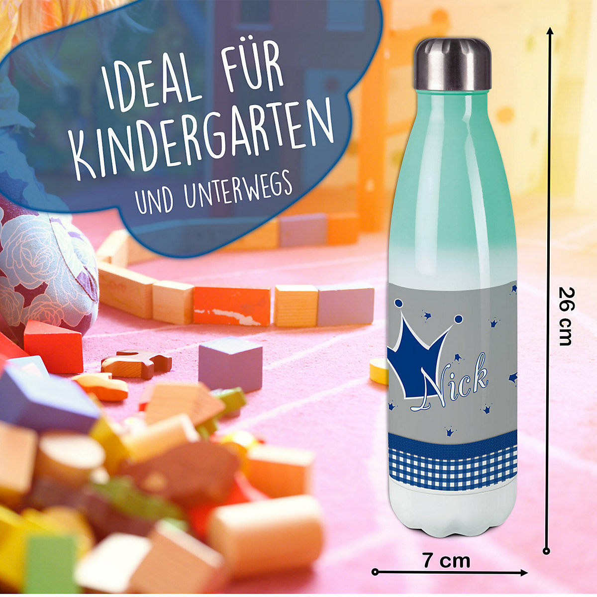 Edelstahl Kinder Thermoflasche / Trinkflasche bunt Krone Farbe blau grau Spülmaschinenfest, Auslaufsicher, Bruchfest, Doppelwandig, Für Heißgetränke geeignet, Mit Deckel, Isoliert