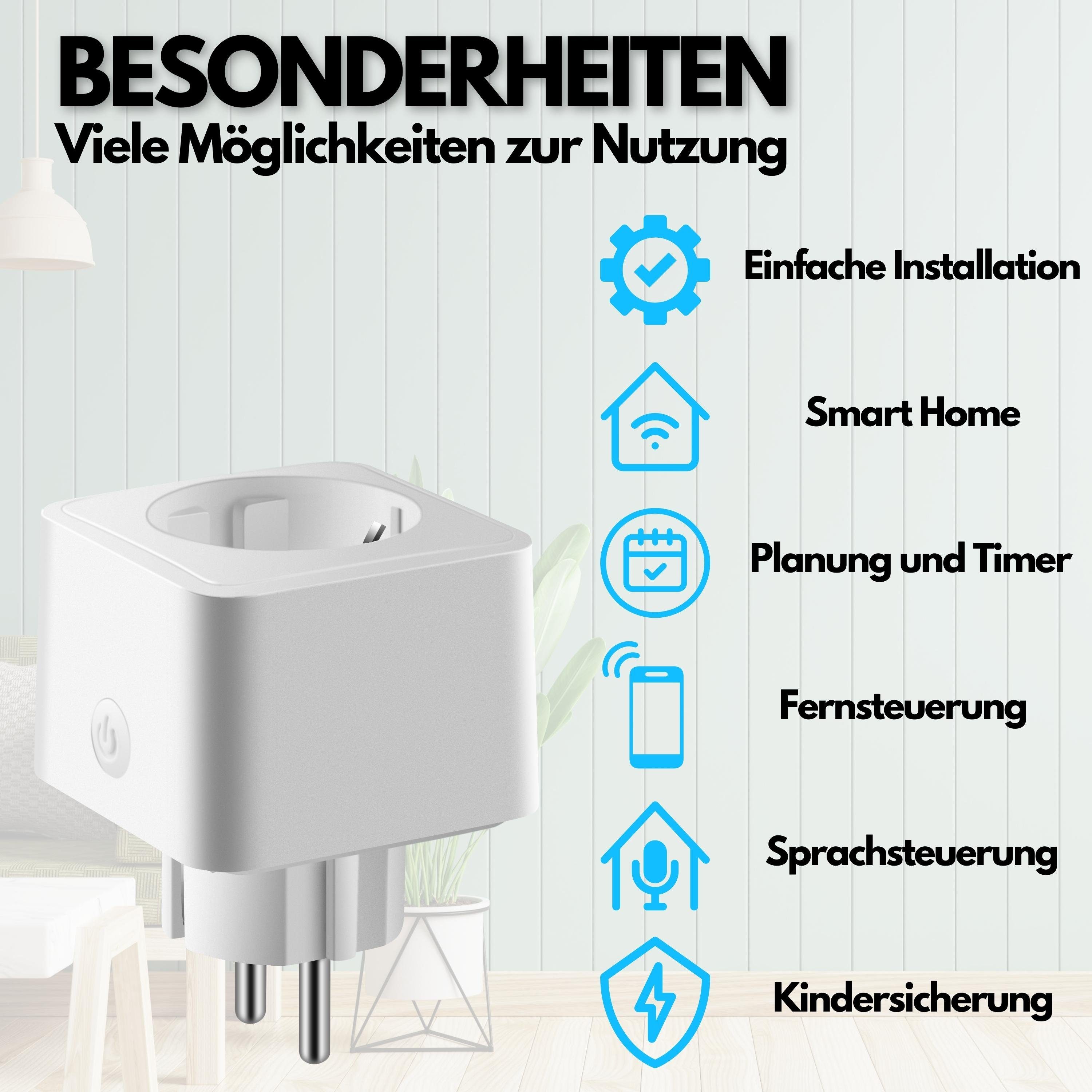 echos WLAN-Steckdose Eco-4060, max. 3680 W, Spar-Set, 4er Pack, Steuerung per App, Alexa/ Google kompatibel, WLAN, 2.4 GHz, Smart Home, Einfache Installation, Kindersicherung, Max. 16A