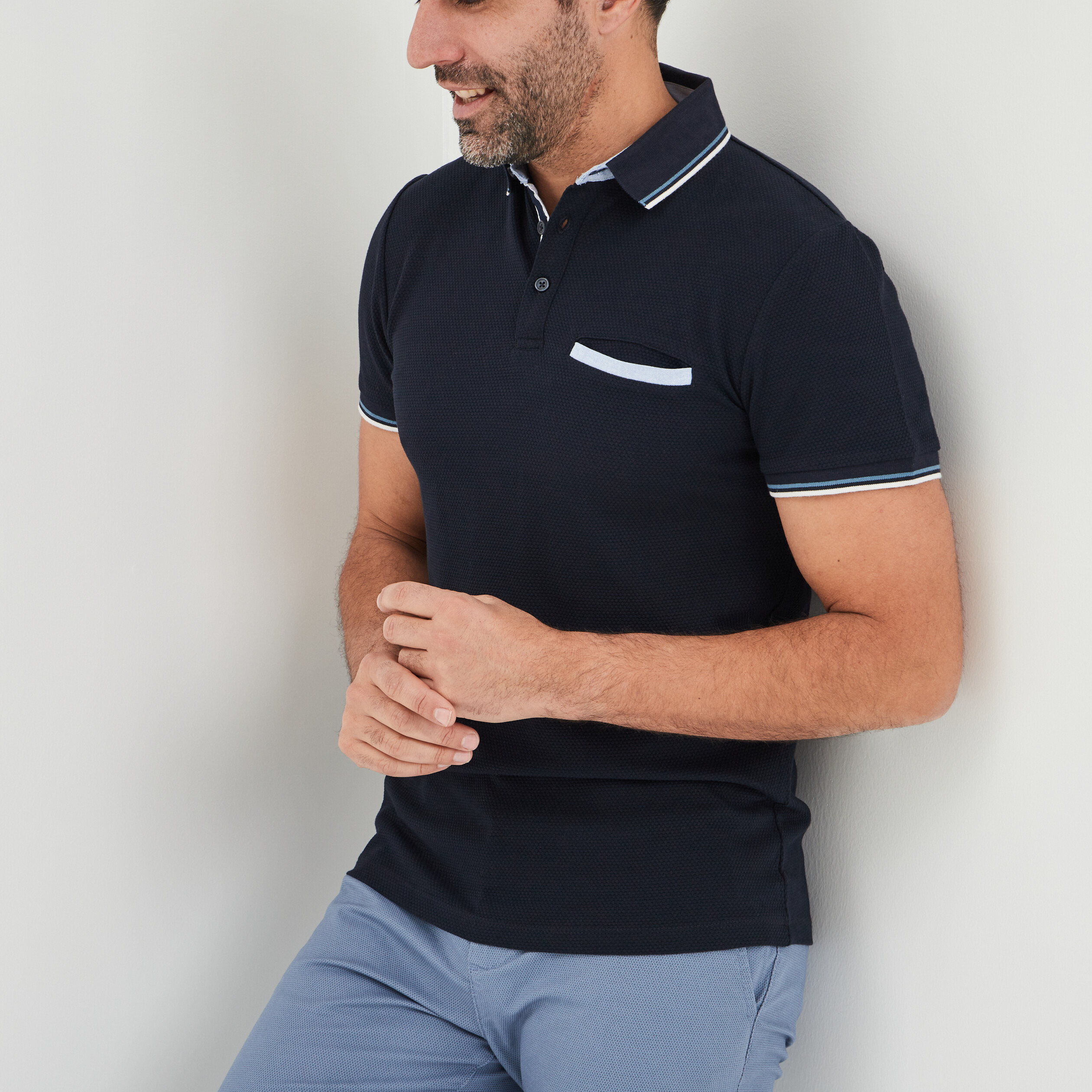 Polo manches courtes 1 poche coton bleu marine homme | La Halle