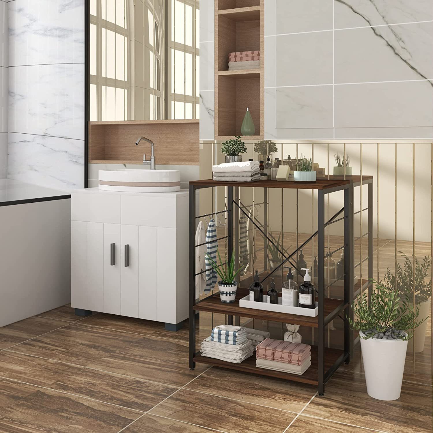 Woltu Standregal, 1-tlg., Standregal aus Holz & Metall mit 3 Ablagen für Küche