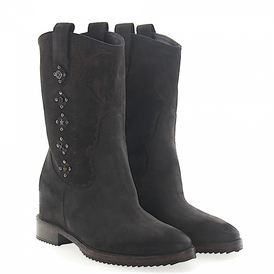 ROSS B. - Cowboystiefel Kalbsleder Veloursleder Nieten dunkelgrau - grau