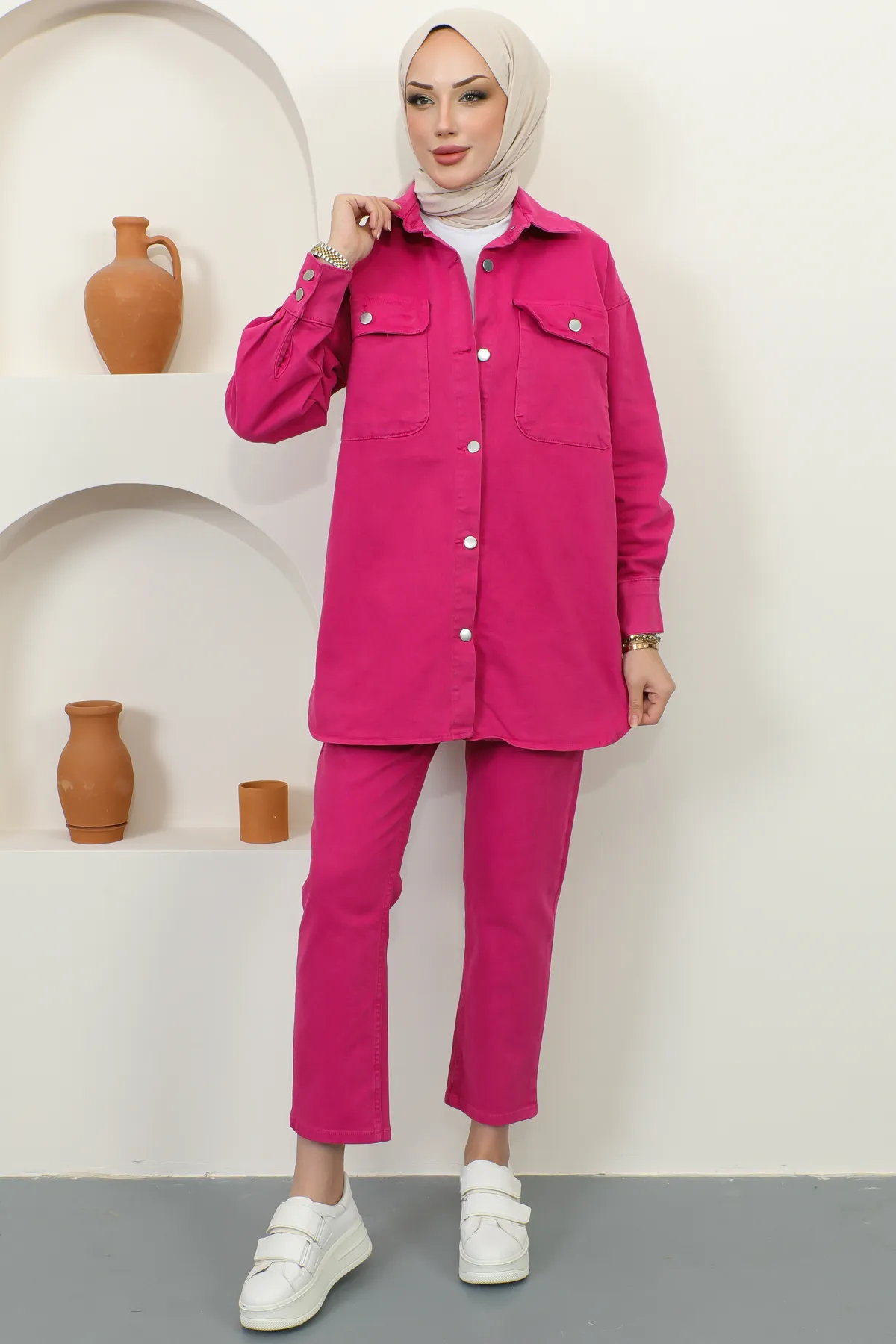 benguen  8175 Jacke Hose Hijab Doppel Jeans Set Fuchsia
