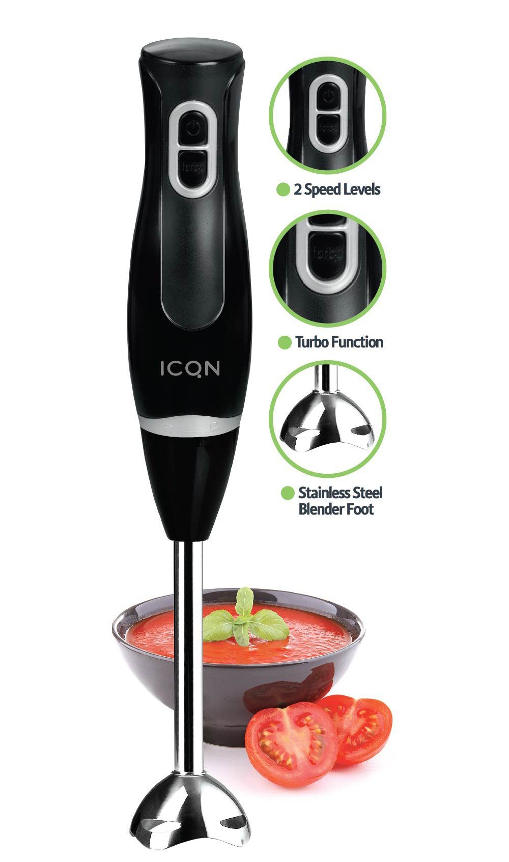 ICQN Stabmixer 1100 W, Turbofunktion, Hohe Motorleistung, 1100 W, Spülmaschinengeeignet, 2 Geschwindigkeitsstufen, inklusive Messbecher