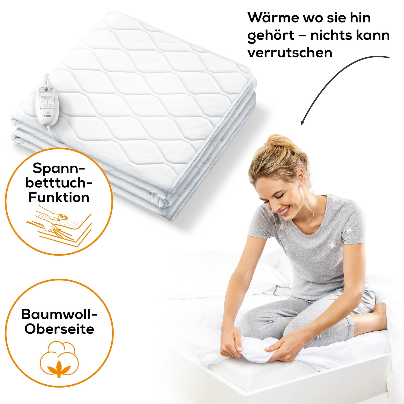 Beurer Spann-Wärmeunterbett UB 64-Wärmeunterbett als Spannbetttuch mit 3 Temperaturstufen - 200 x 100 cm