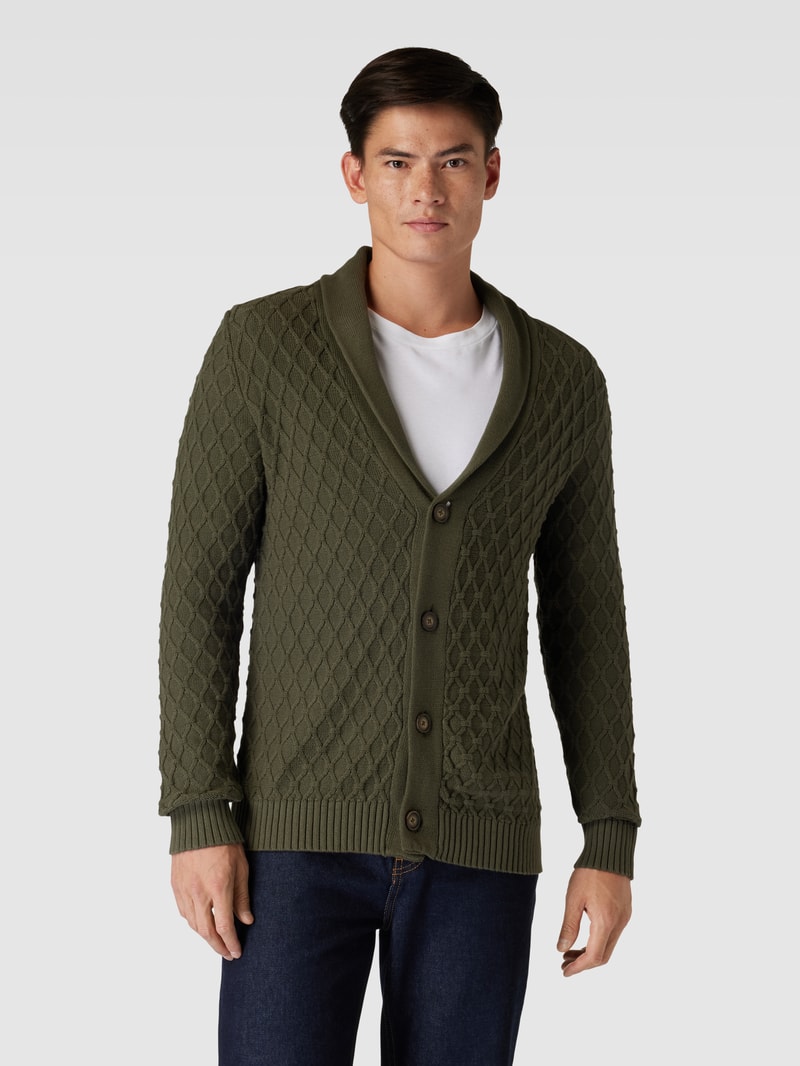 Strickjacke mit Schalkragen und Knopfleiste in olivgrün