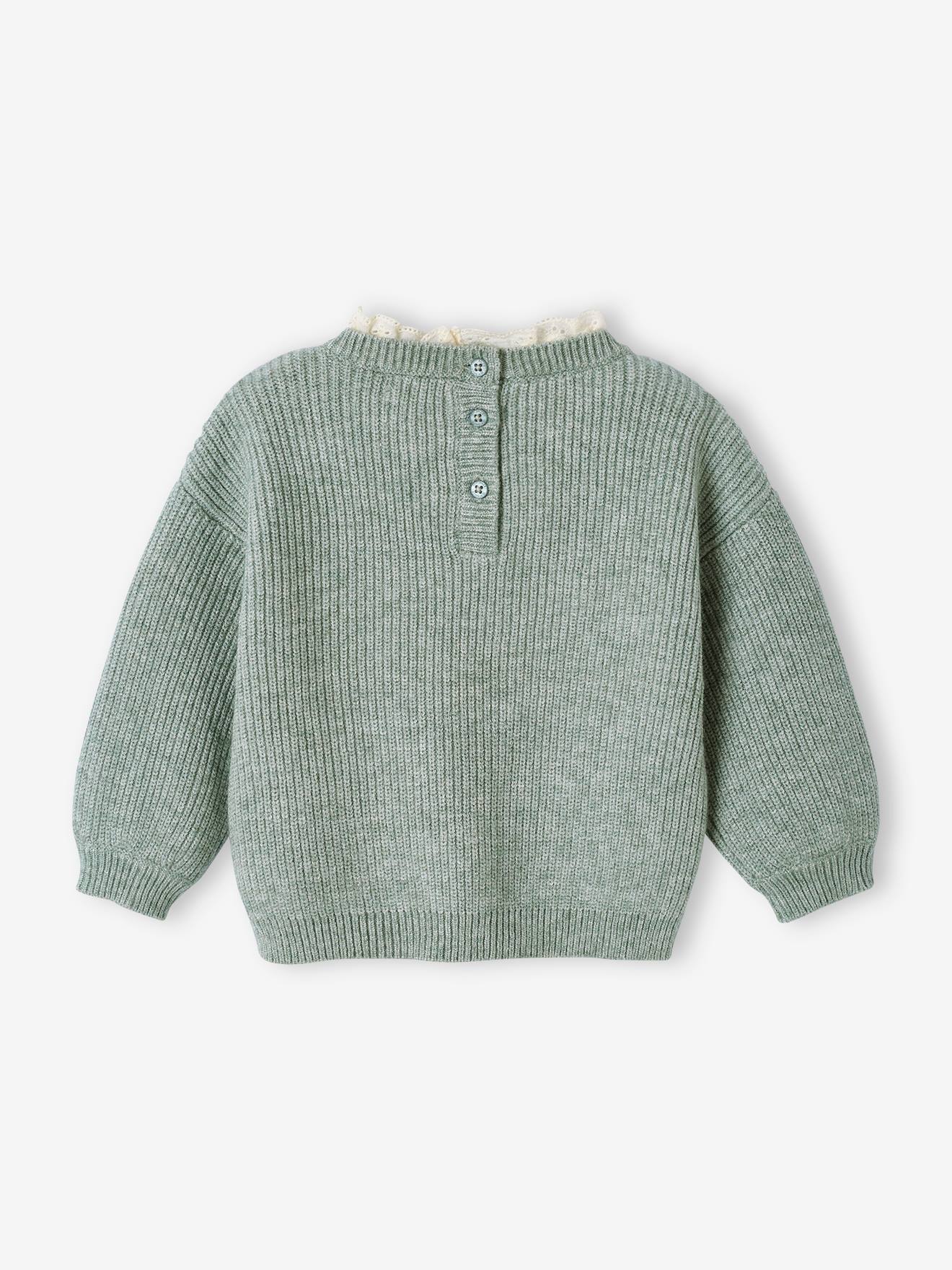 Pull en côte perlée bébé col en broderie anglaise rayé marine