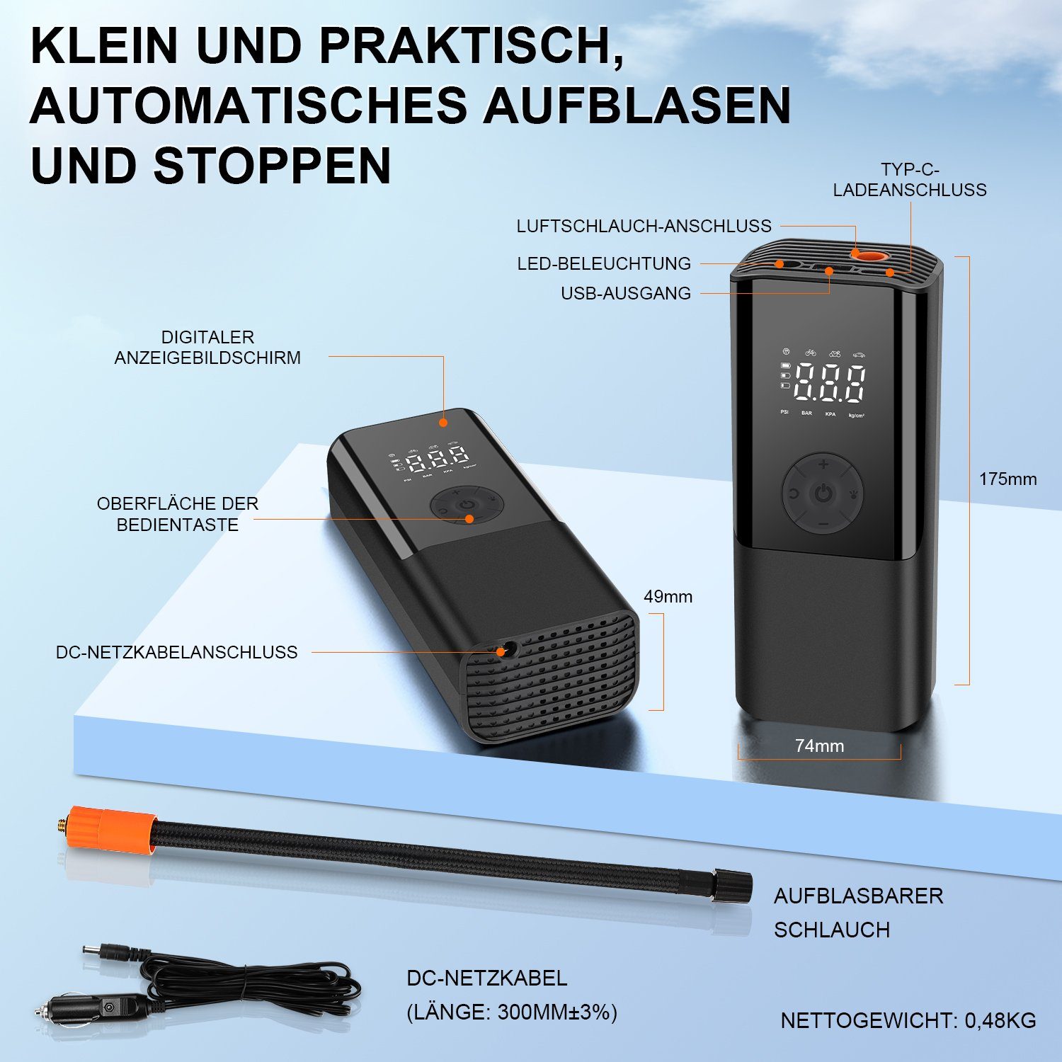 LETGOSPT Akku-Luftpumpe Elektrische Akku Luftpumpe Fahrradpumpe (Kabell Tragbarer Luftkompressor, Fahrrad Kompressor), mit Großbildschirm,Ultra Leichtgewicht, 150 PSI
