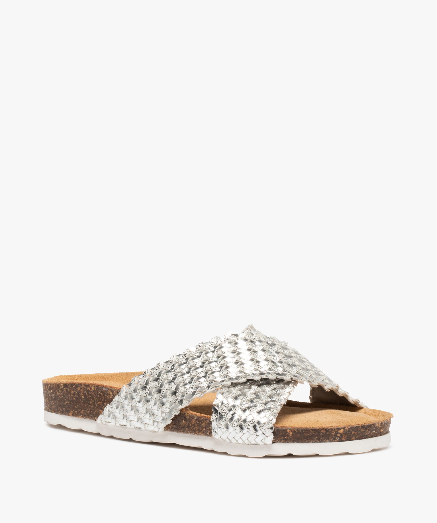 Mules femme plates à brides tressées métallisées gris | GEMO