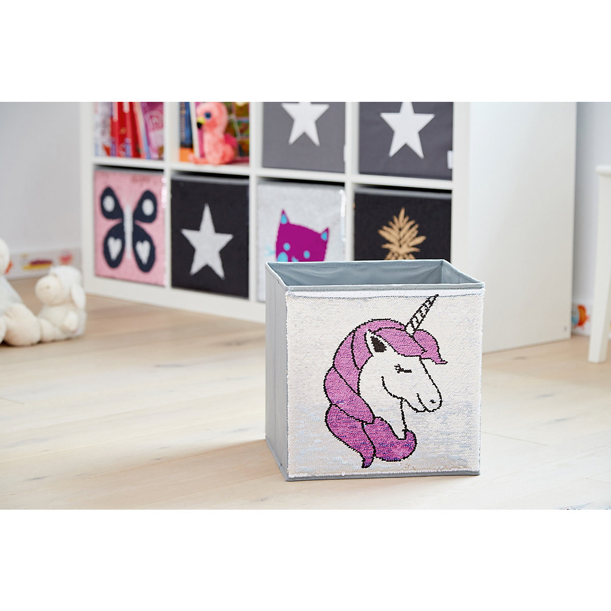 Aufbewahrungsbox Streichpailletten Einhorn rosa/blau, ohne Deckel, 32 x 32 x 32 cm