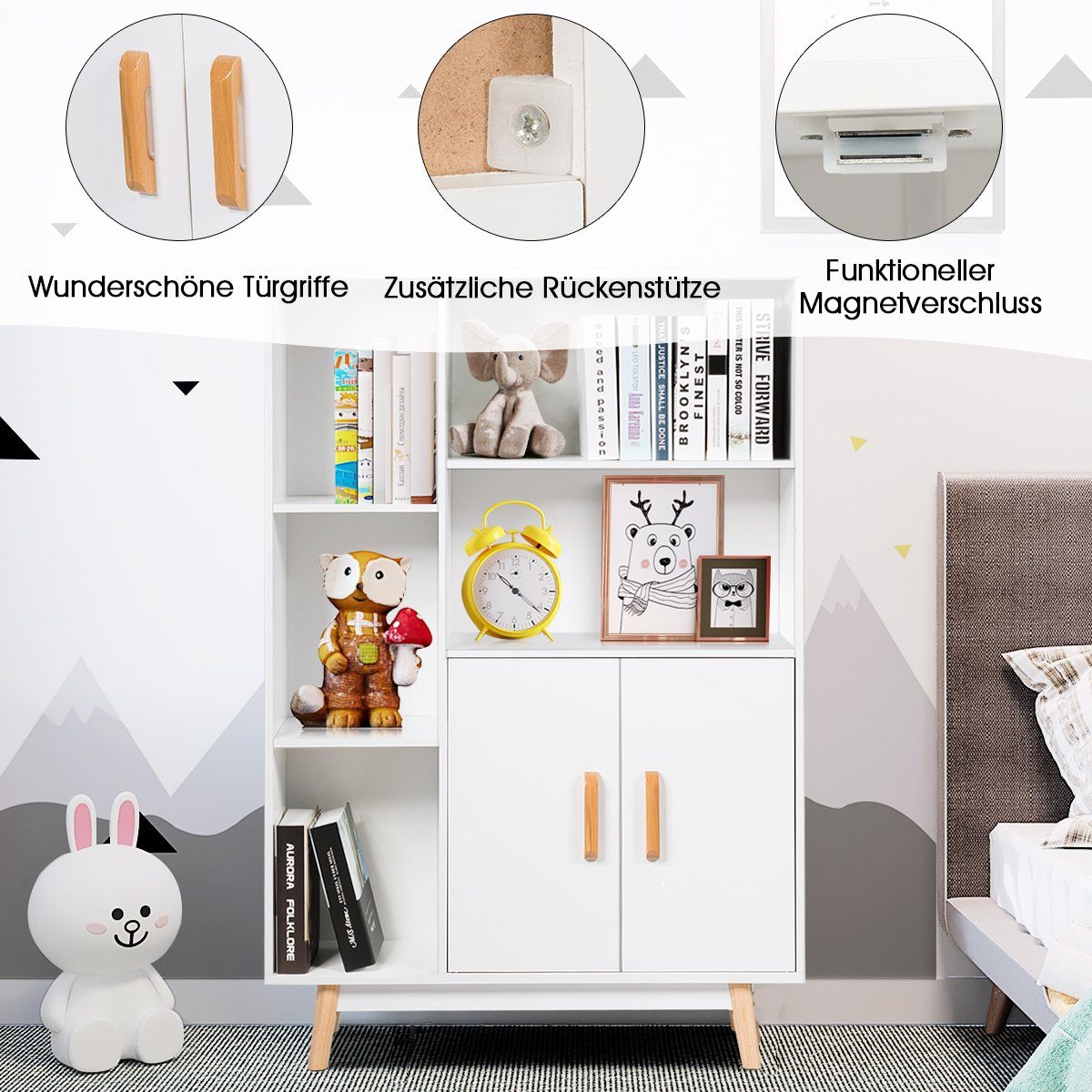 COSTWAY Bücherregal, mit Türen und 5 Fächern, Holz, 80 x 24 x 119 cm, weiß