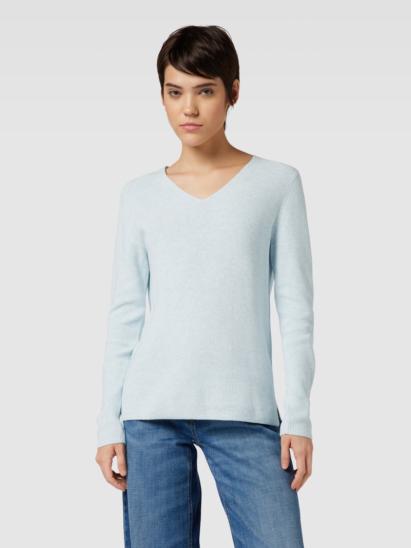 Strickpullover mit abgerundetem V-Ausschnitt in hellblau meliert