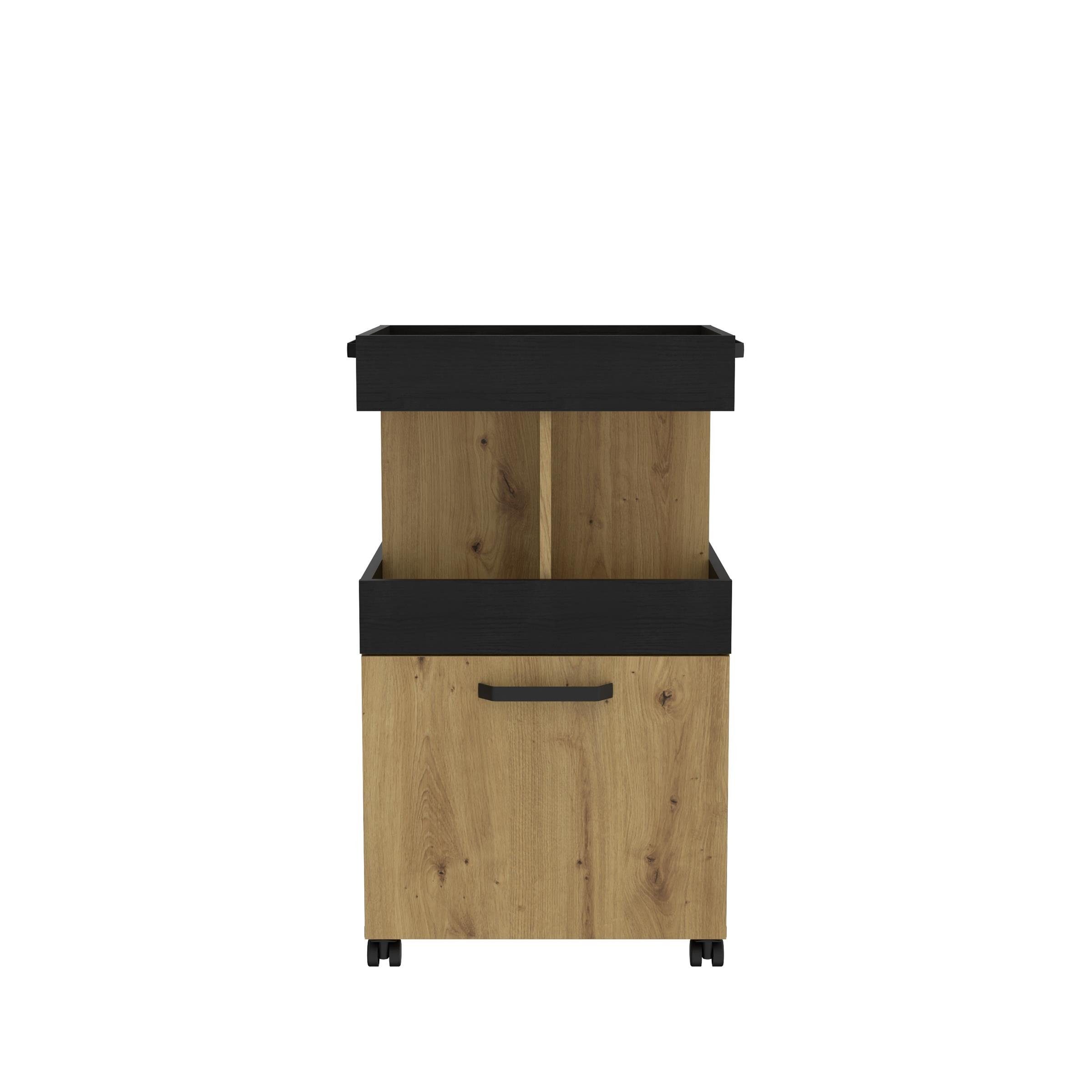 möbelando Barschrank Hydra Barschrank im modernen Industrial-Design aus Spanplatte in Artisan Eiche Nachbildung / Schwarz Eiche Nachbildung mit 1 Holztür, 1 Ablageboden, 4 offenen Fächern und 4 Rollen. Breite 50,2 cm, Höhe 88,5 cm, Tiefe 41,1 cm