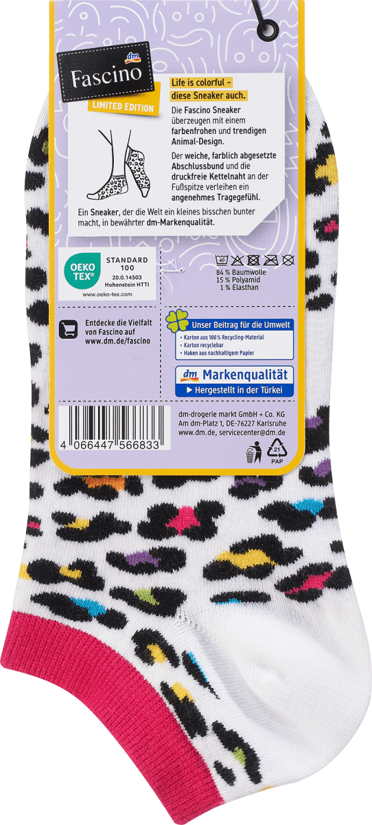 Sneaker Socken mit Leo-Muster weiß & bunt, Gr. 39-42, 1 St