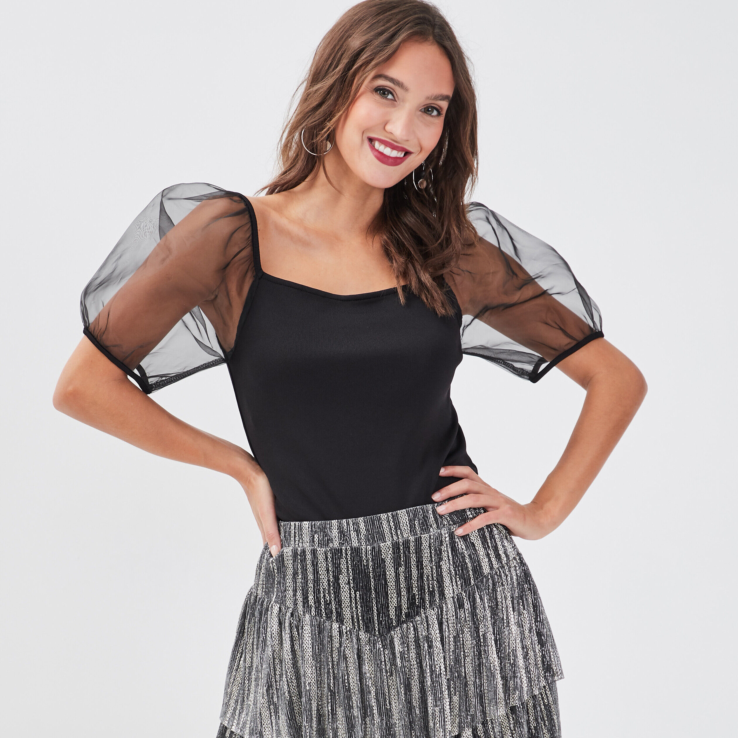 T-shirt manches courtes noir femme | Cache Cache
