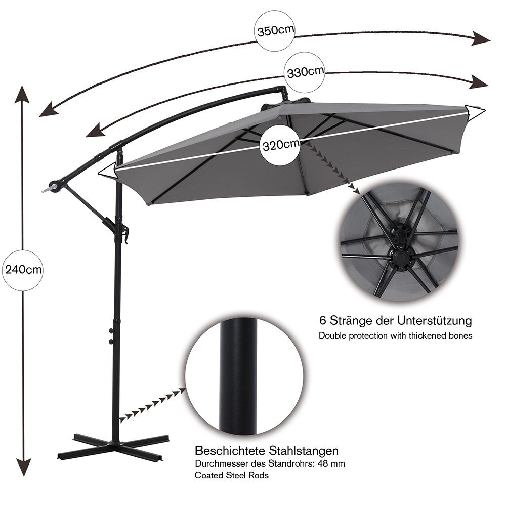 Mucola Sonnenschirm Sonnenschirm Kurbelschirm Ø 350 Ampelschirm LED Gartenschirm Balkon, Stück, Premium-Sonnenschirm, LED-Beleuchtung