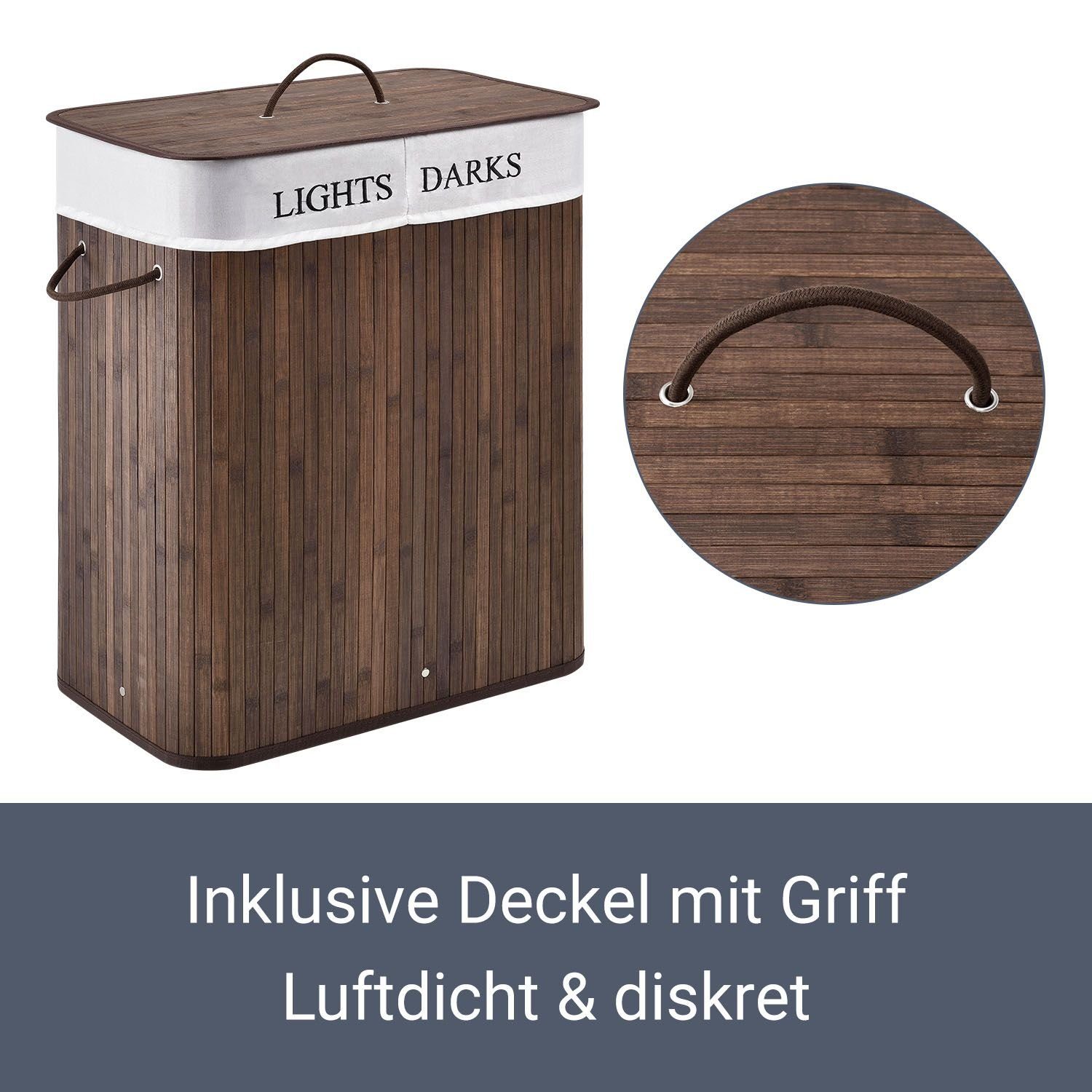 Juskys Wäschekorb Curly 100 L, 100 l, 2 große Fächer, mit Tragegriffe, Deckel, Wäschesack waschbar
