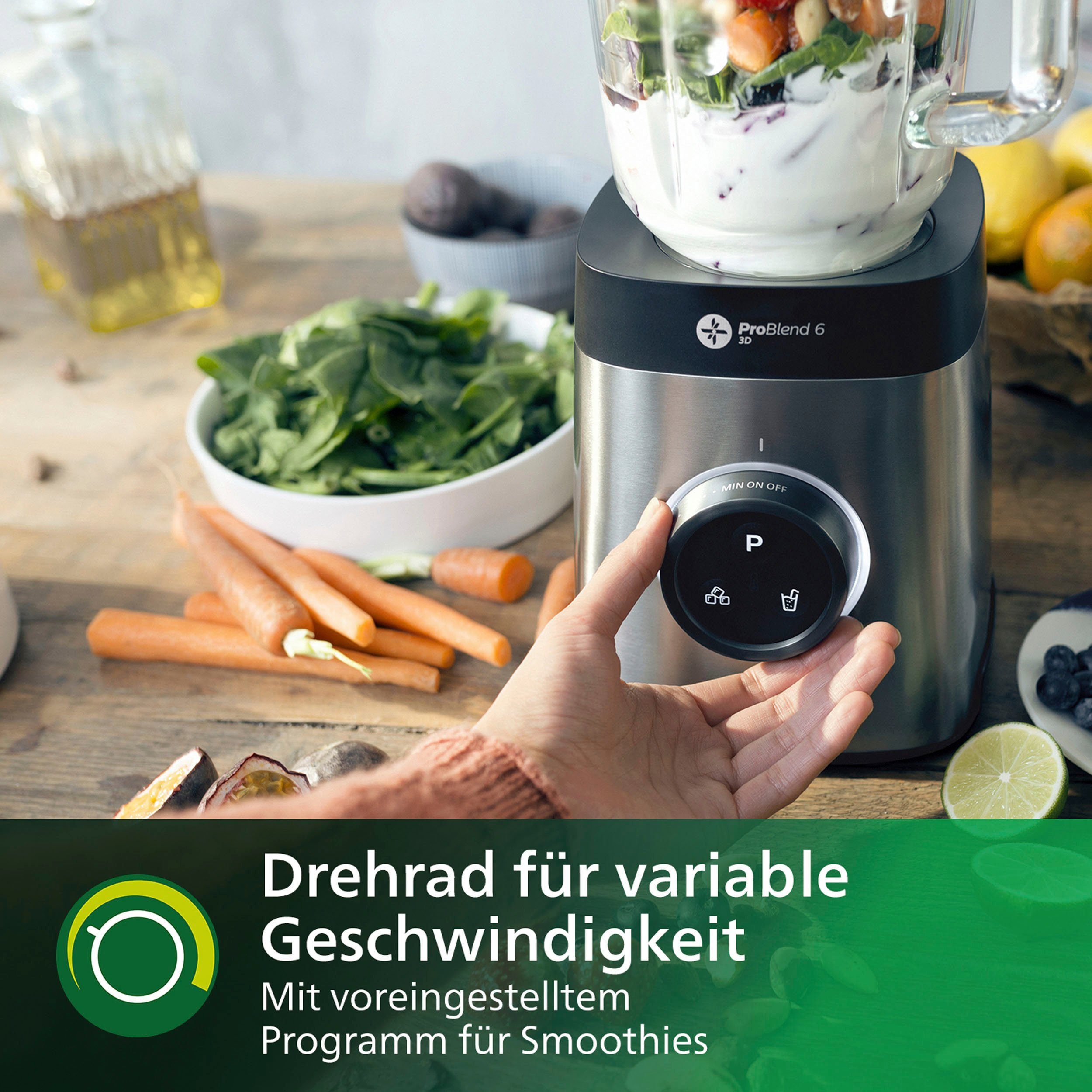 Philips Standmixer HR3655/00, 1400 W, ProBlend 6 3D Technologie, 2 Liter Glasbehälter, 2x Trinkflaschen