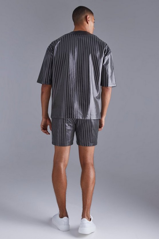 Kurzärmliges Oversize PU Baseball-Hemd & Shorts