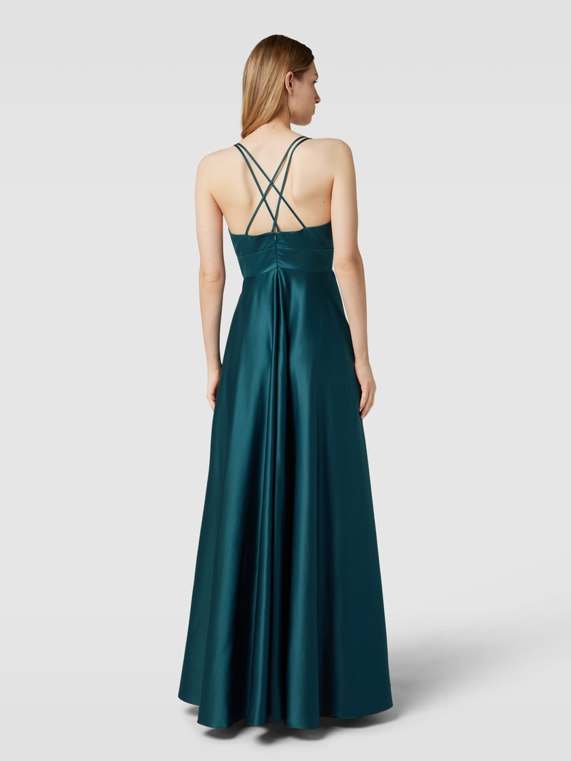 Abendkleid mit gekreuzten Spaghettiträgern in dunkelgrün meliert