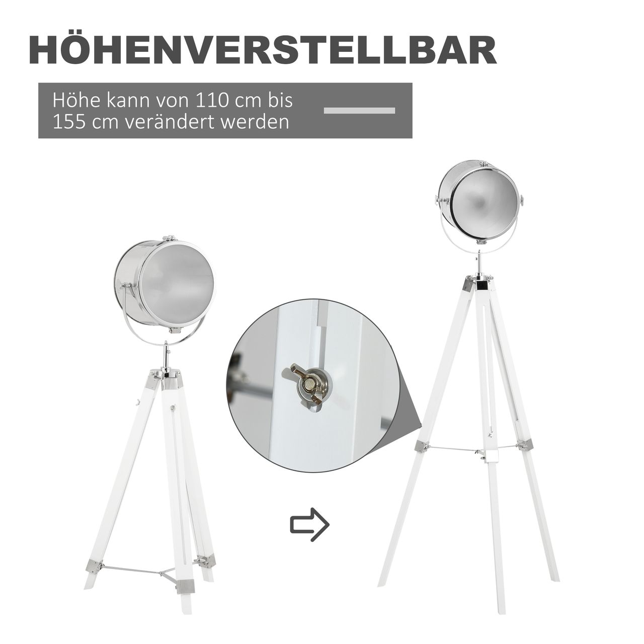 HOMCOM Stehlampe Stehleuchte mit Dreibein Stativ aus Holz 100-140 cm höhenverstellbar mit 180° Drehbarem Lampenkopf Caféleuchte Studiolampe Industrial Design Tripod Lampe 40W Weiß Stahl Kiefernholz