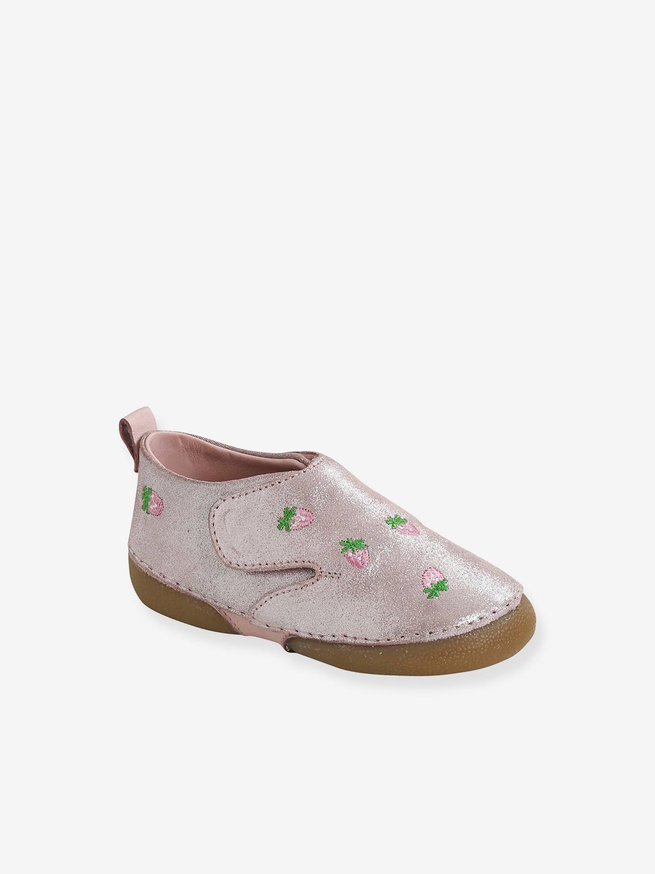 Chaussons scratché bébé en cuir souple rose
