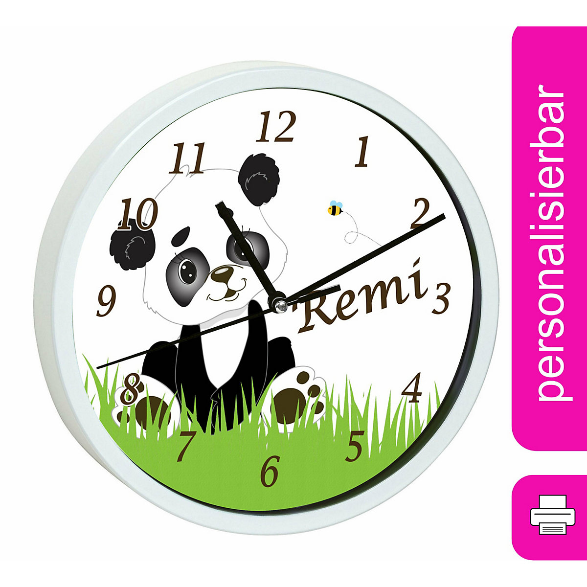 Kinder Wanduhr personalisiert mit Name Panda Bär