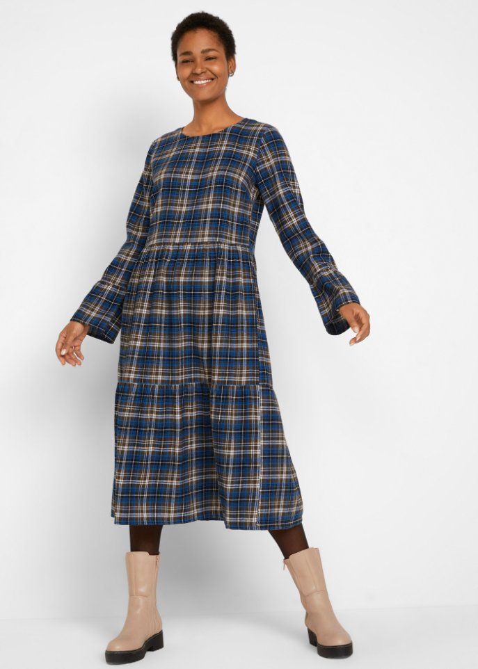 Ausgestelltes Midi-Kleid aus Flanell mit Volants