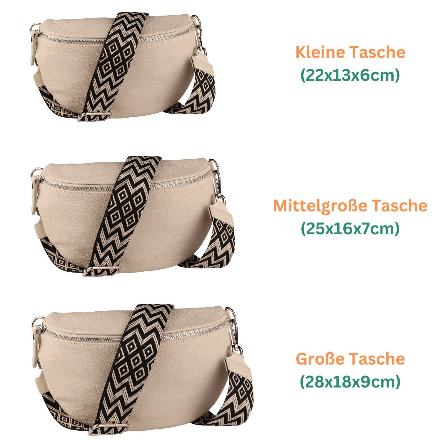 MIRROSI Bauchtasche Damen, Echtleder, Made in Italy, Umhängetasche, Brusttasche, (Schultertasche für jeden Anlass (1 Tasche & 2 Gurte), Crossbody Bag, Beige, gemusterten& verstellbaren Schulterriemen