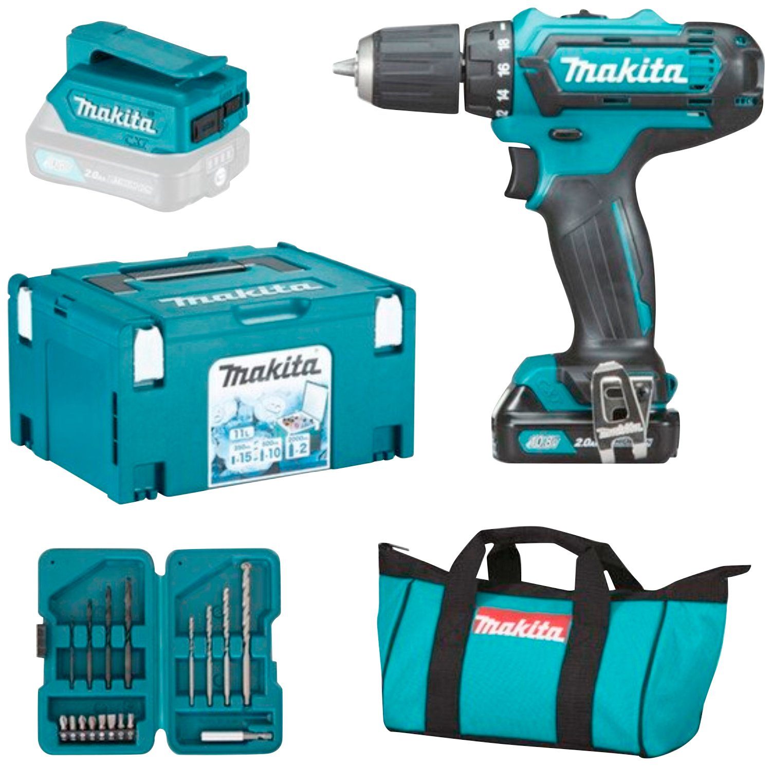 Makita Akku-Bohrschrauber DF333DSAX6 mit Akku 12V/2 Ah, Ladegerät, (Set), mit MAKPAC Kühlbox, 17-tlg. Bohrer-/ Bitset und Tragetasche