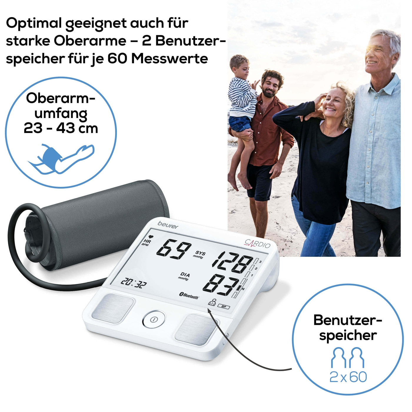 Beurer Oberarm-Blutdruckmessgerät BM 93 mit EKG Funktion-Bluetooth® Oberarm-Blutdruckmessgerät mit Risiko-Indikator & EKG-Fingersensor