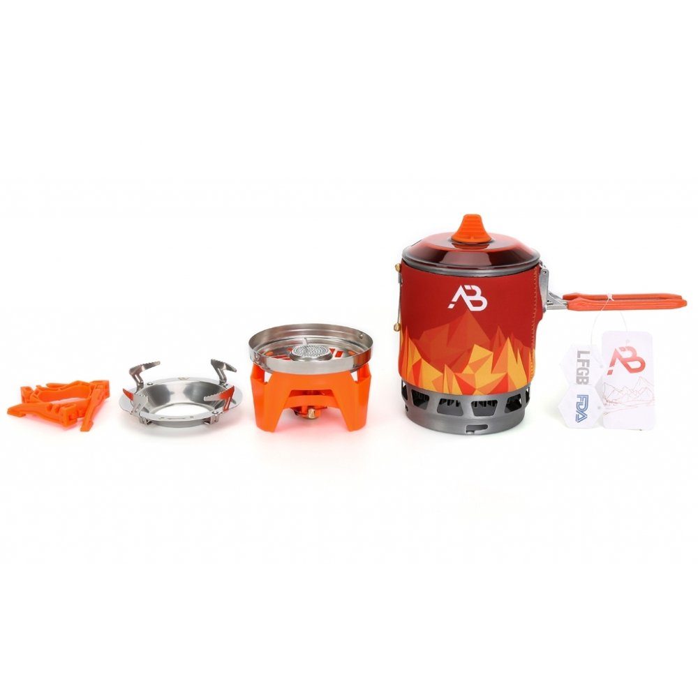 A. Blöchl Gaskocher Kochsystem AB-3 Deluxe neu, (Set, 1 Gasherd, 1 Topf mit Wärmetauscher, 1 TPE-Übertopf, 1 Topf Rack, 1 Gas Tank, 1 Stoff-Bezug für Topf), Windschutz und Wärmetauschern ermöglicht ca. 40% weniger Brennstoffverbrauch