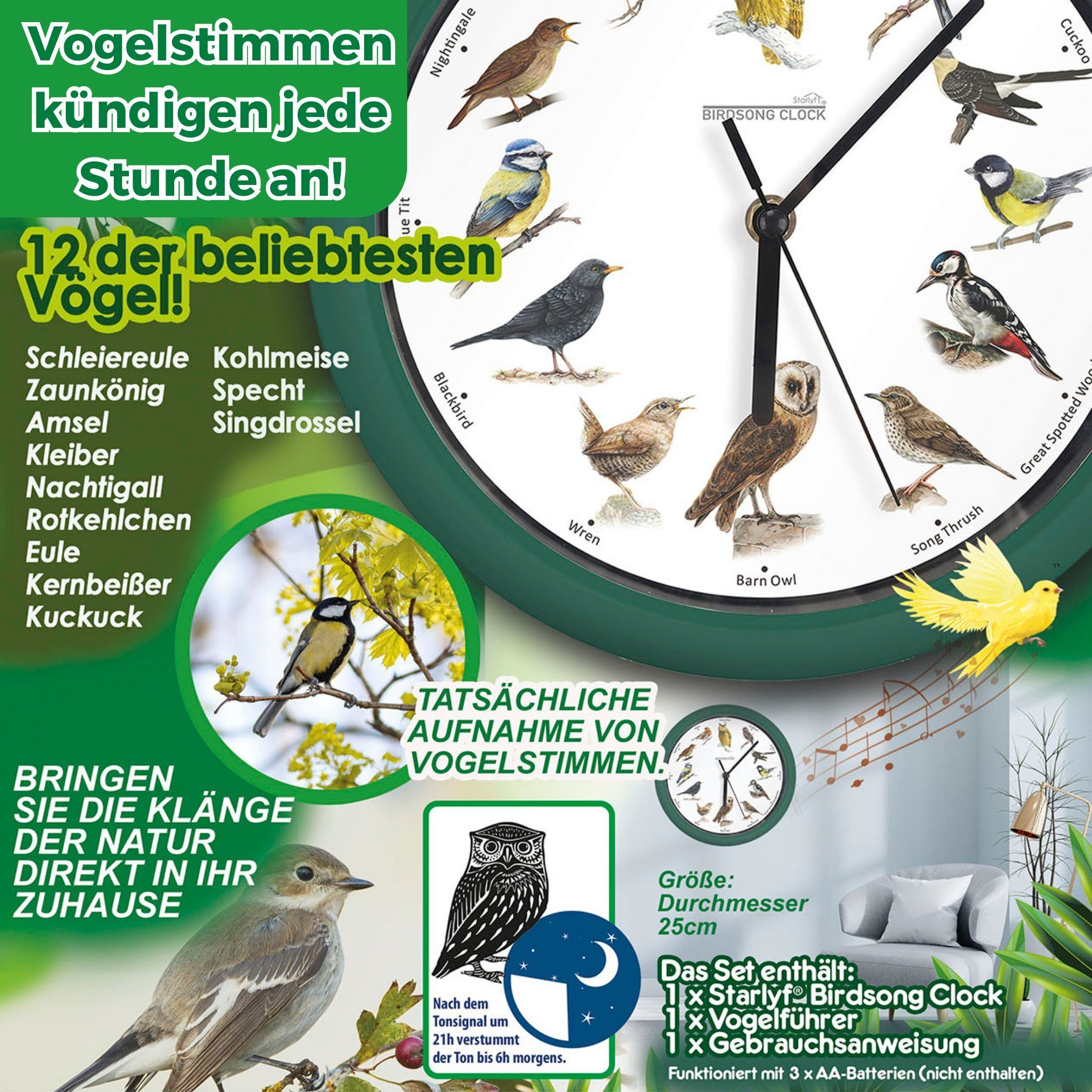 Starlyf Wanduhr Birdsong Clock (Uhr mit natürlichen Vogelstimmen, 25x25cm, batteriebetrieben, grün)