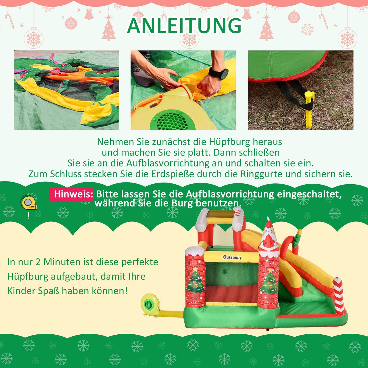 Outsunny Weihnachten Aufblasbare Hüpfburg mit Rutsche Ballgrube für 3 Kinder Springburg mit Gebläse für 3-8 Jahre Innenbereich Kindergarten Oxford-Gewebe Polyester Rot Grün Weiß 290 x 280 x 220 cm