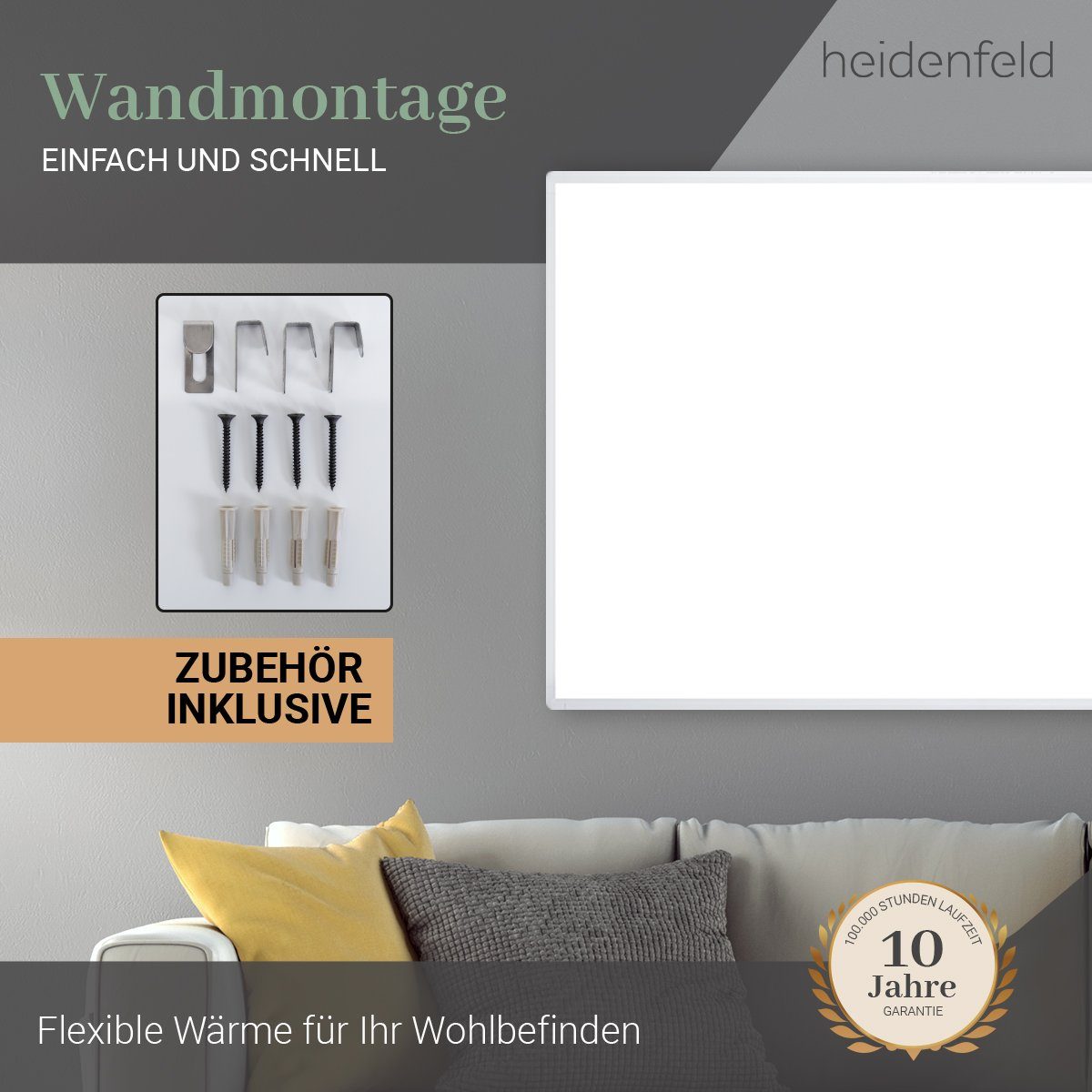 Heidenfeld Infrarotheizung 300-1200 W Elektroheizung HF-HP100-3 inkl. Thermostat - 10 J. Garantie, Fenster-Auf Erkennung - Infraroth Wandheizung Elektro Heizkörper