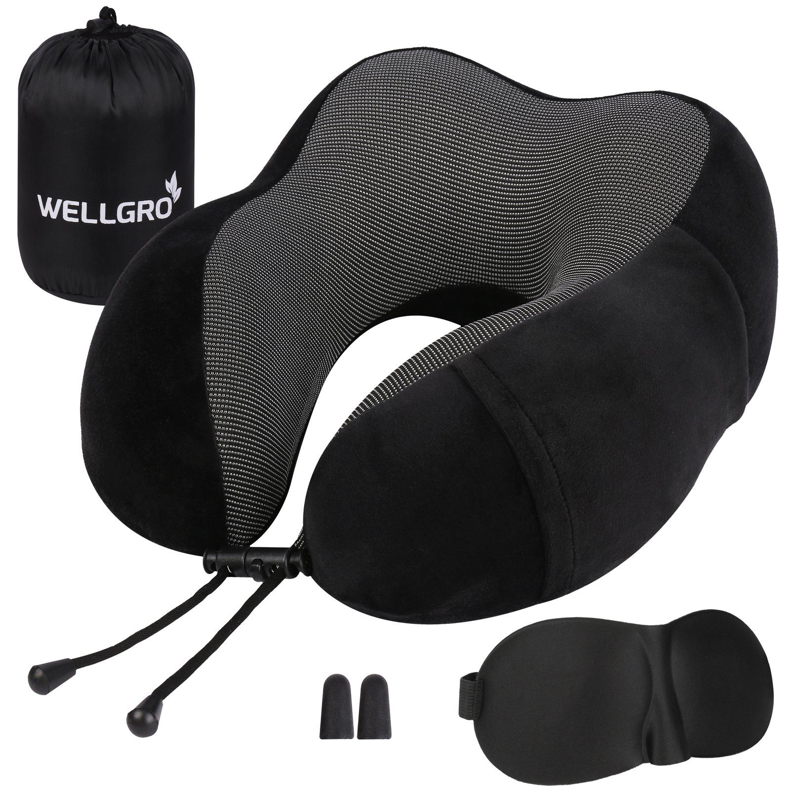 Wellgro Nackenkissen Nackenkissen mit 3D Schlafmaske und Ohrstöpsel - abnehmbarer Bezug