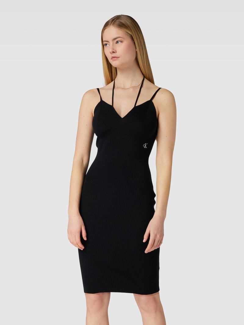 Knielanges Kleid mit Label-Stitching in schwarz