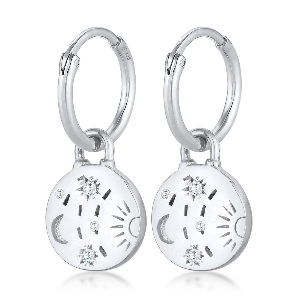 Elli Elli Boucles d'Oreilles Femmes Créoles Plaquettes Soleil Lune en Argent Sterling  Boucles d'oreilles