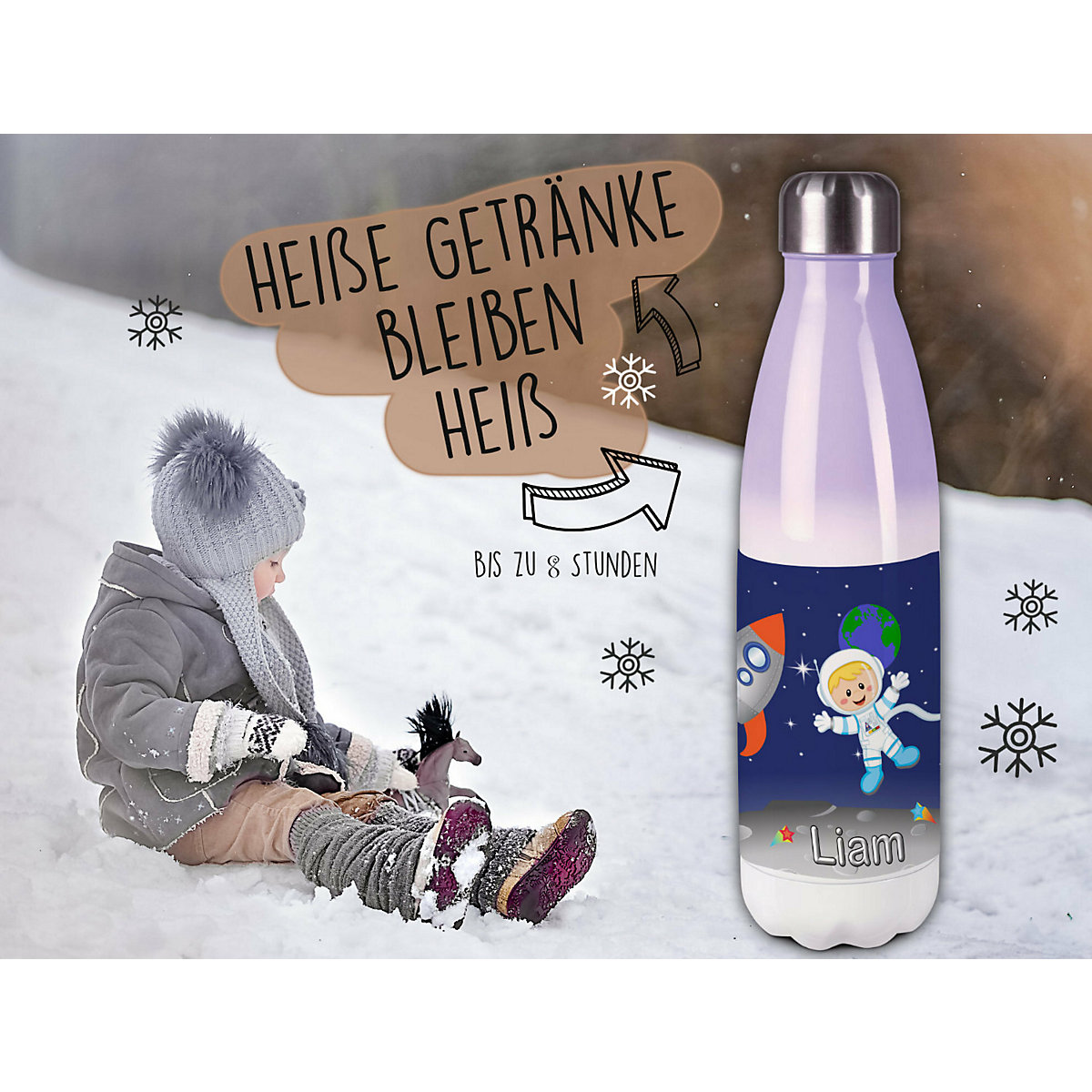 Edelstahl Kinder Thermoflasche / Trinkflasche bunt Weltall Spülmaschinenfest, Auslaufsicher, Bruchfest, Doppelwandig, Für Heißgetränke geeignet, Mit Deckel, Isoliert