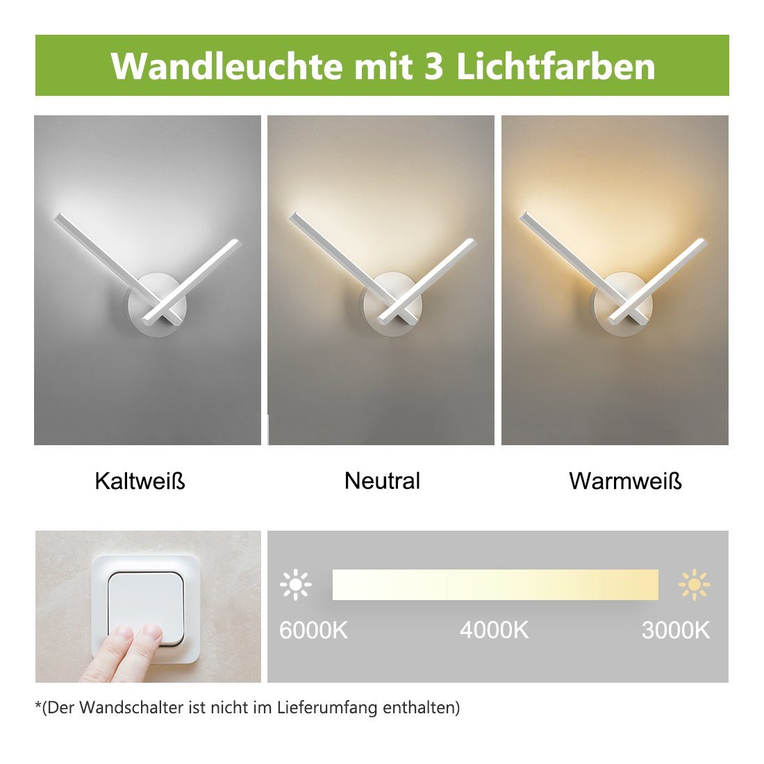 S'AFIELINA LED Wandleuchte LED Wandleuchten Modern 120° Winkel Innen Modern Wandlampe, 3 Lichtfarben 3000K/4000K/6000K Wandbeleuchtung