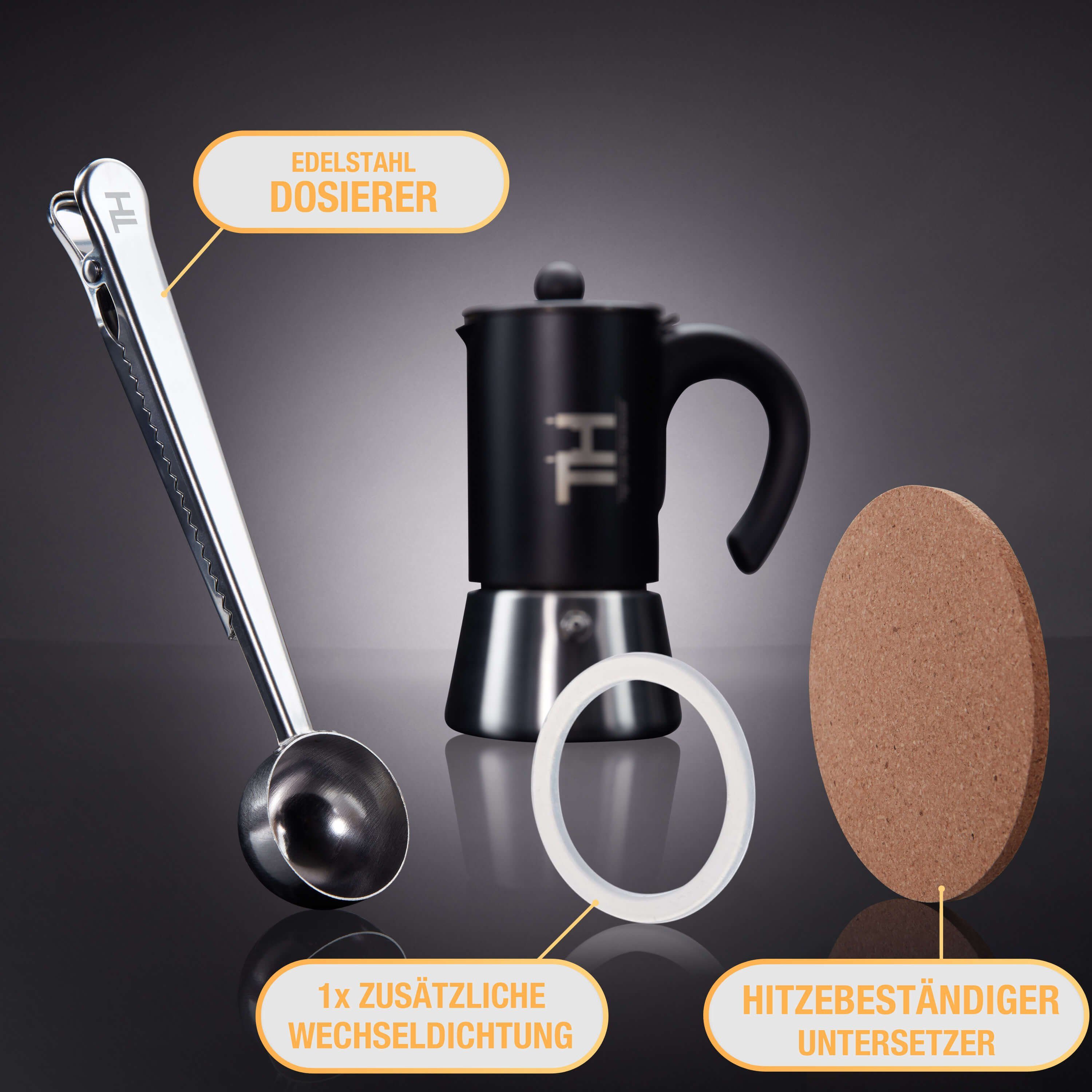 Thiru Espressokocher Espressokocher Induktion , Espressokanne Edelstahl, Edelstahl Filter, Premium Mokkakanne aus Edelstahl inkl. Toolset