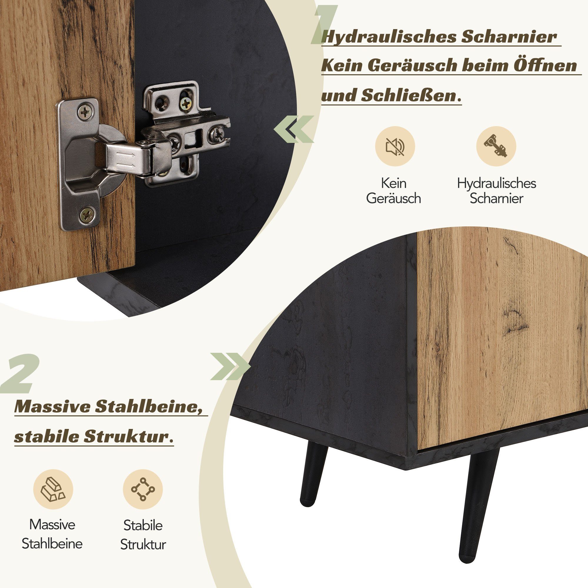 Merax Lowboard mit Klapptür aus Glas und abnehbarem Fach, TV-Schrank mit großen Stauraum, Breite 200cm