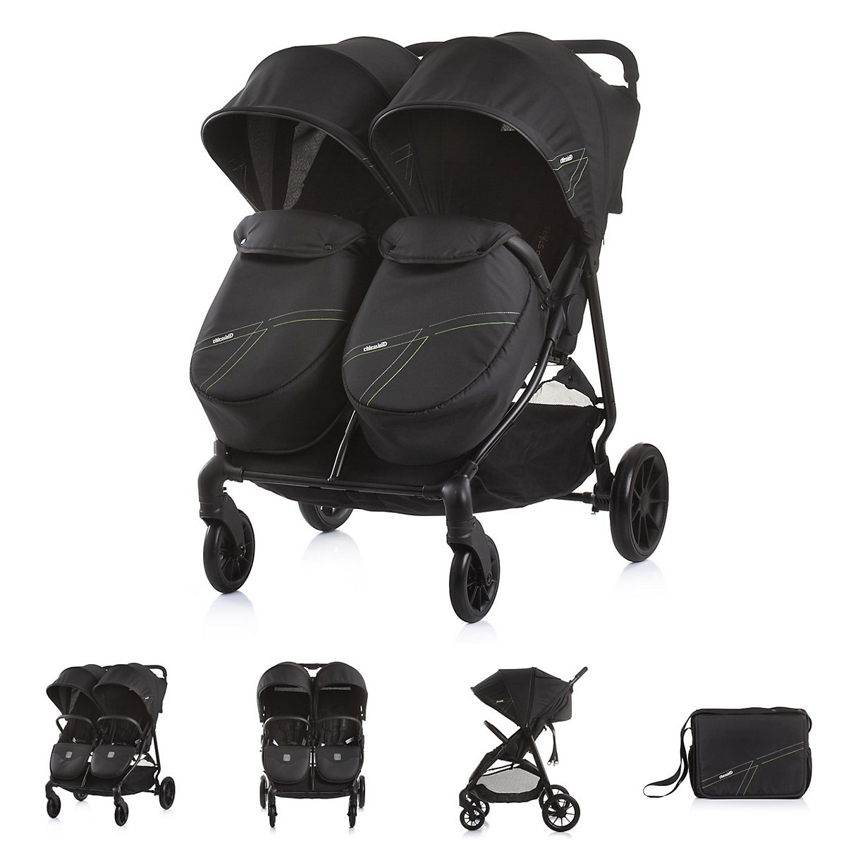 Zwillingskinderwagen Top Stars, 77 cm breit, Wickeltasche, Fußsack Geschwisterwagen
