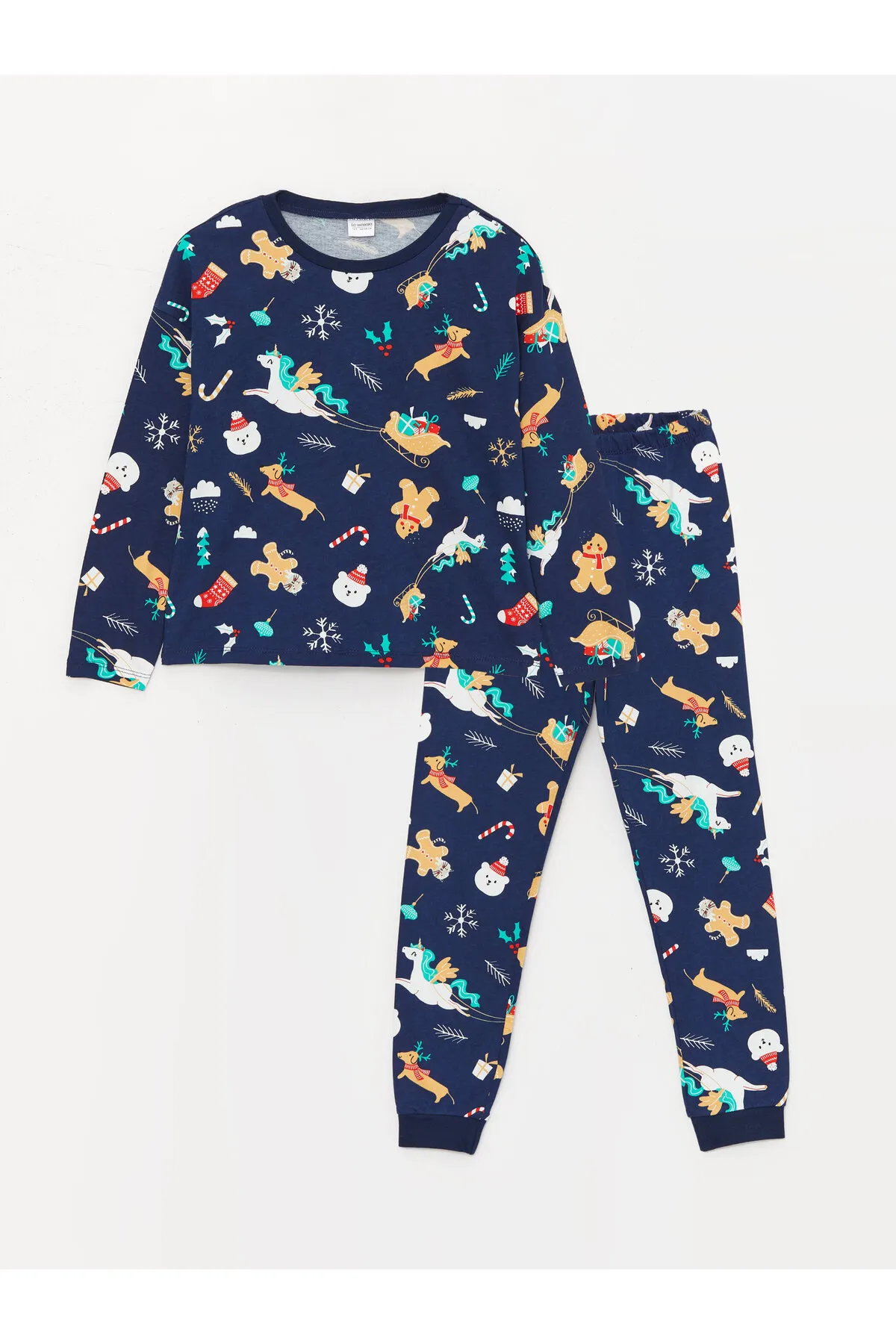 LC Waikiki  Langarm-Pyjama-Set für Mädchen mit Rundhalsausschnitt und Neujahrsmotiv