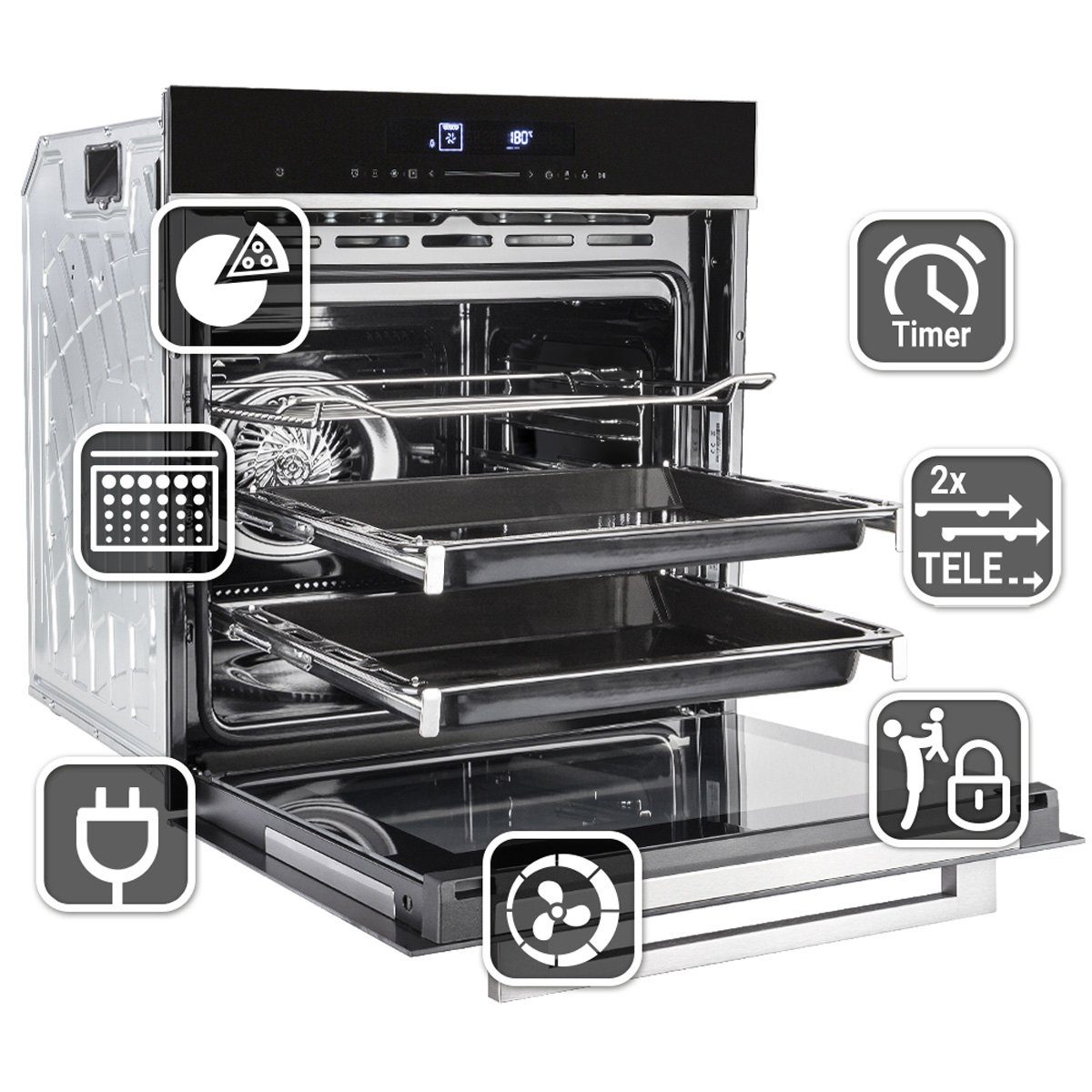 KKT KOLBE Einbaubackofen Backofen Elektroherd EB8019EDP, mit 2-fach Teleskopauszug, DampfClean, Pyrolyse, 60cm / 3,2kW / 72 l / Grill / Heißluft / Teleskopauszug / Touch