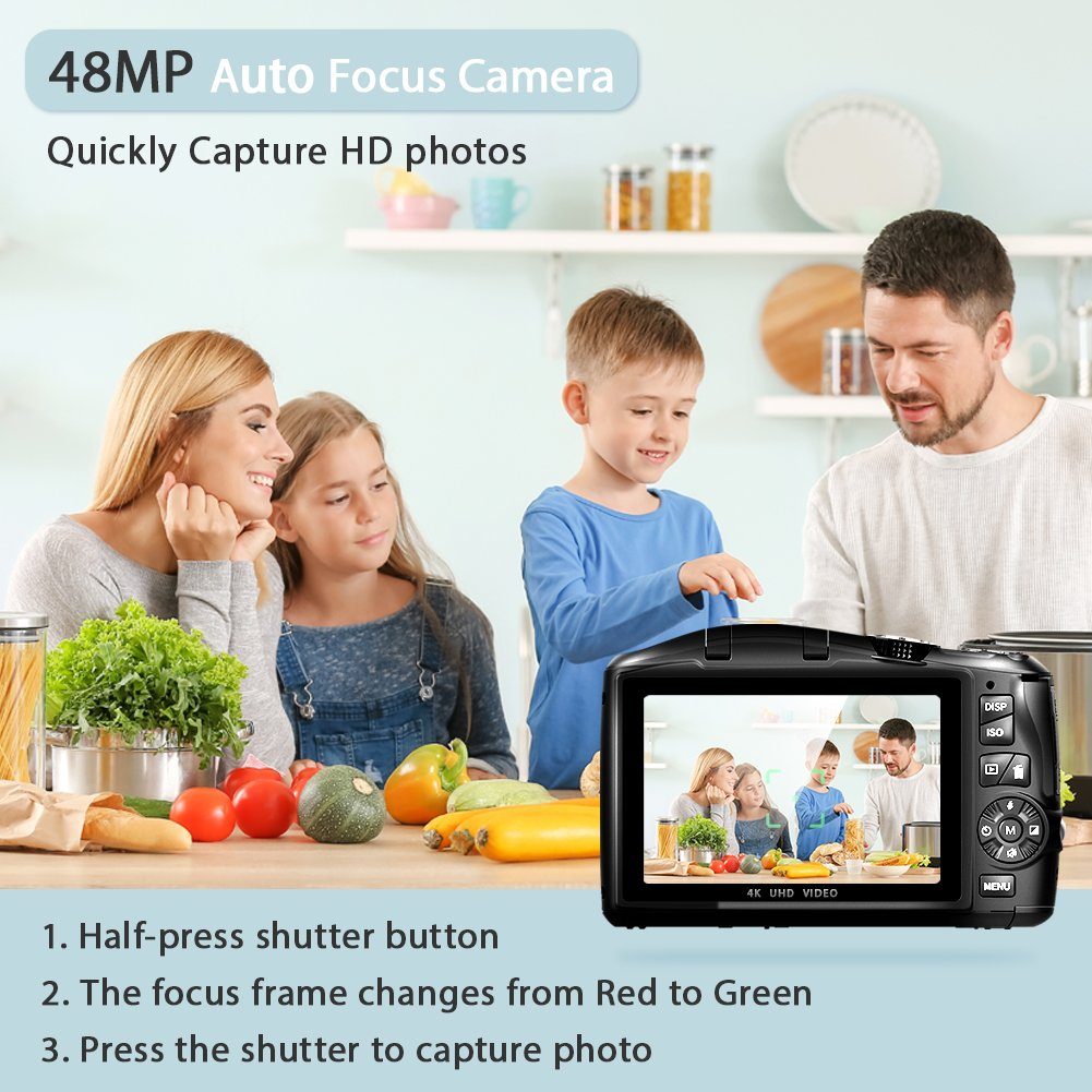 A Ade Digitalkamera 4K, 48MP Fotokamera mit Makro-Objektiv Kompaktkamera (48 MP, inkl. 16X Zoomfaktor digital, Zeitraffer-Aufnahme, Loop-Aufnahme, Intervall-Foto, Slow-Motion-Aufnahme)