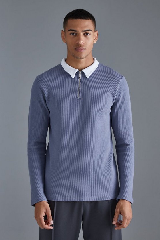 Langärmliges Slim-Fit Poloshirt in Waffeloptik