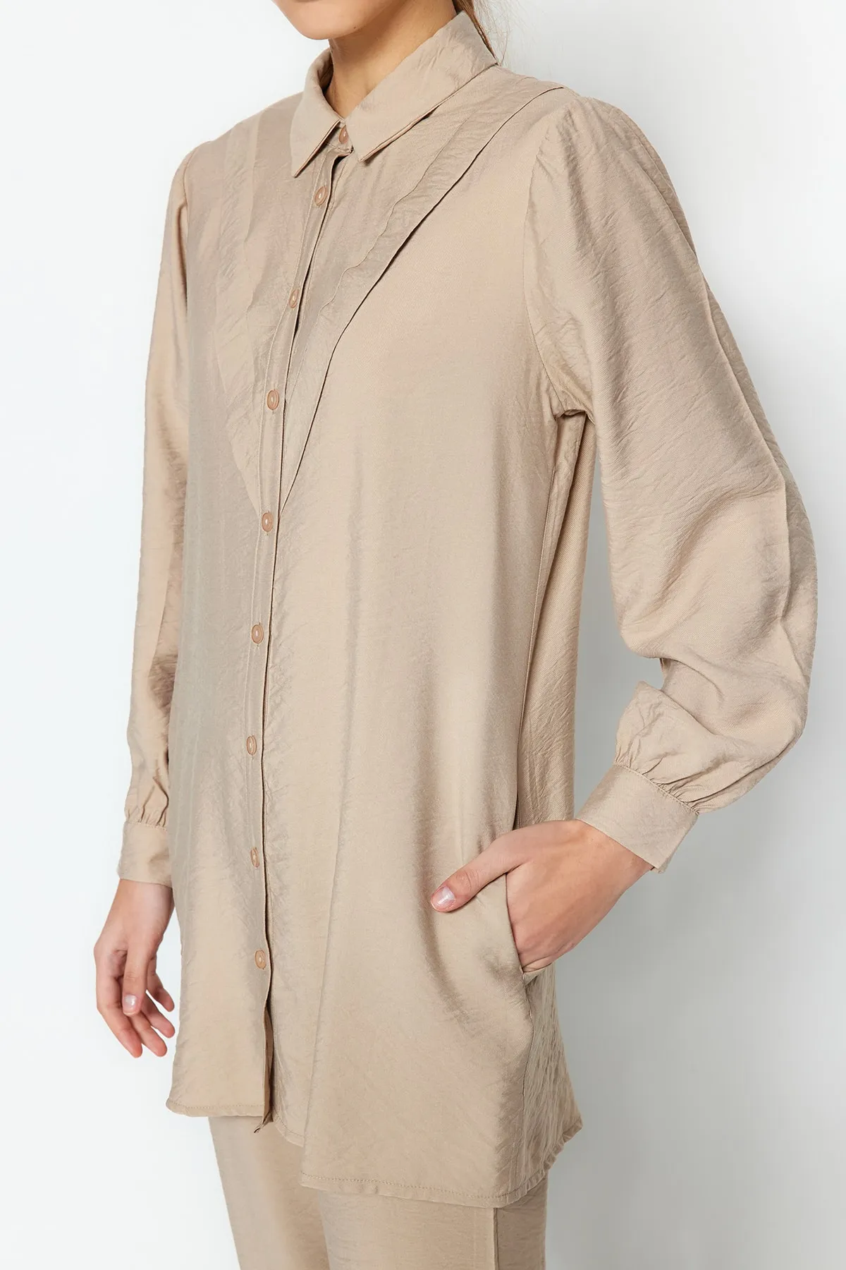Trendyol Modest  Kamelfarbenes Leinen-Look-Hemd-Hosen-Webset TCTSS23US00079