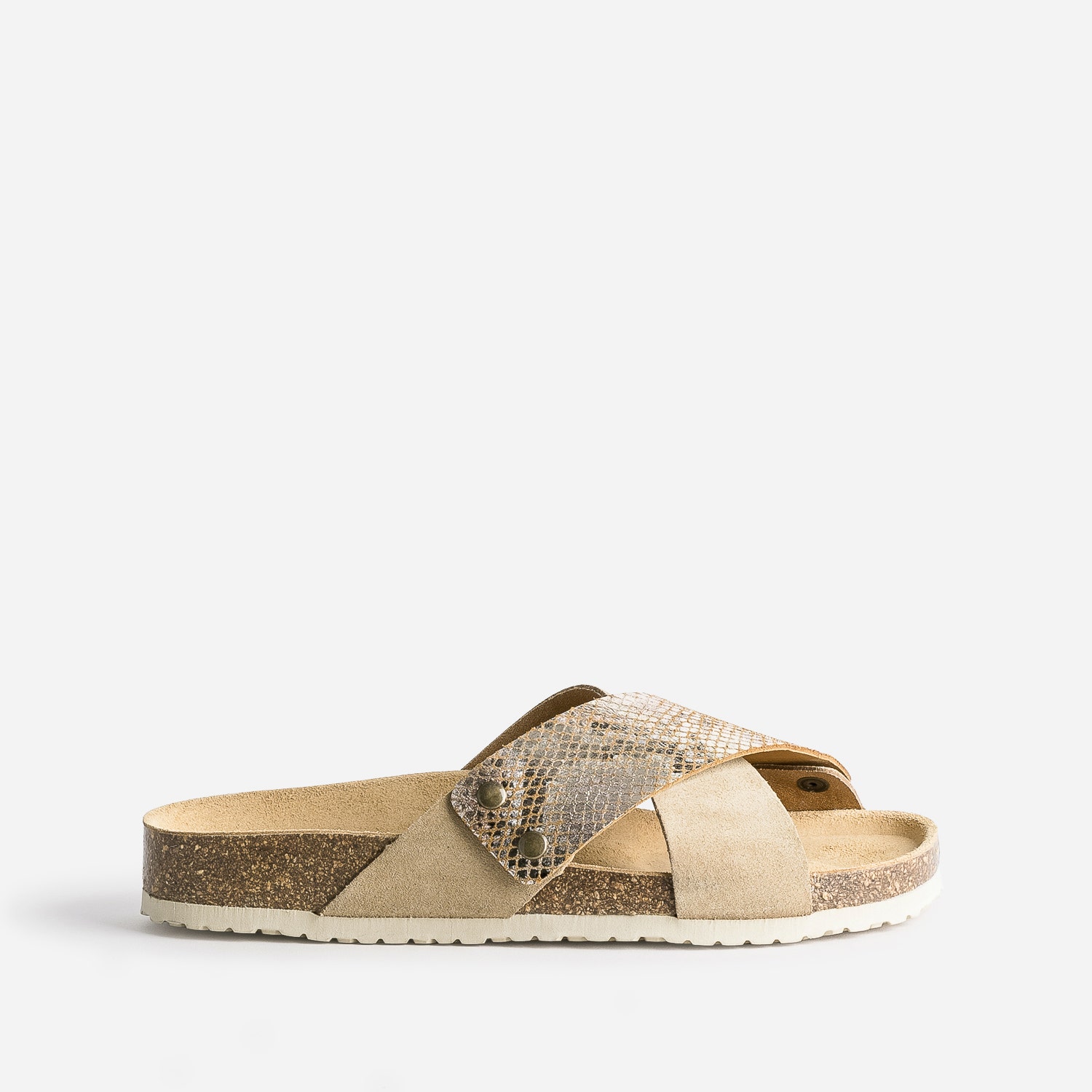 Brides amovibles beiges en cuir effet python doré