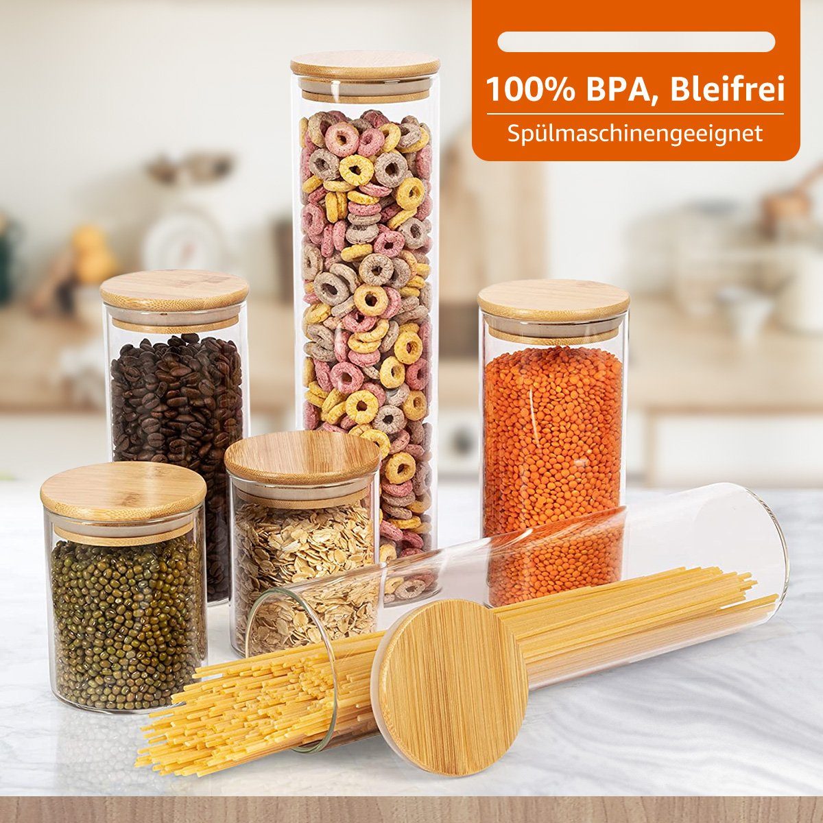 7Magic Vorratsdose Vorratsglas Set, (2000ml+550ml+550ml+1000ml+1000ml, 5-tlg), mit Bambus Deckel
