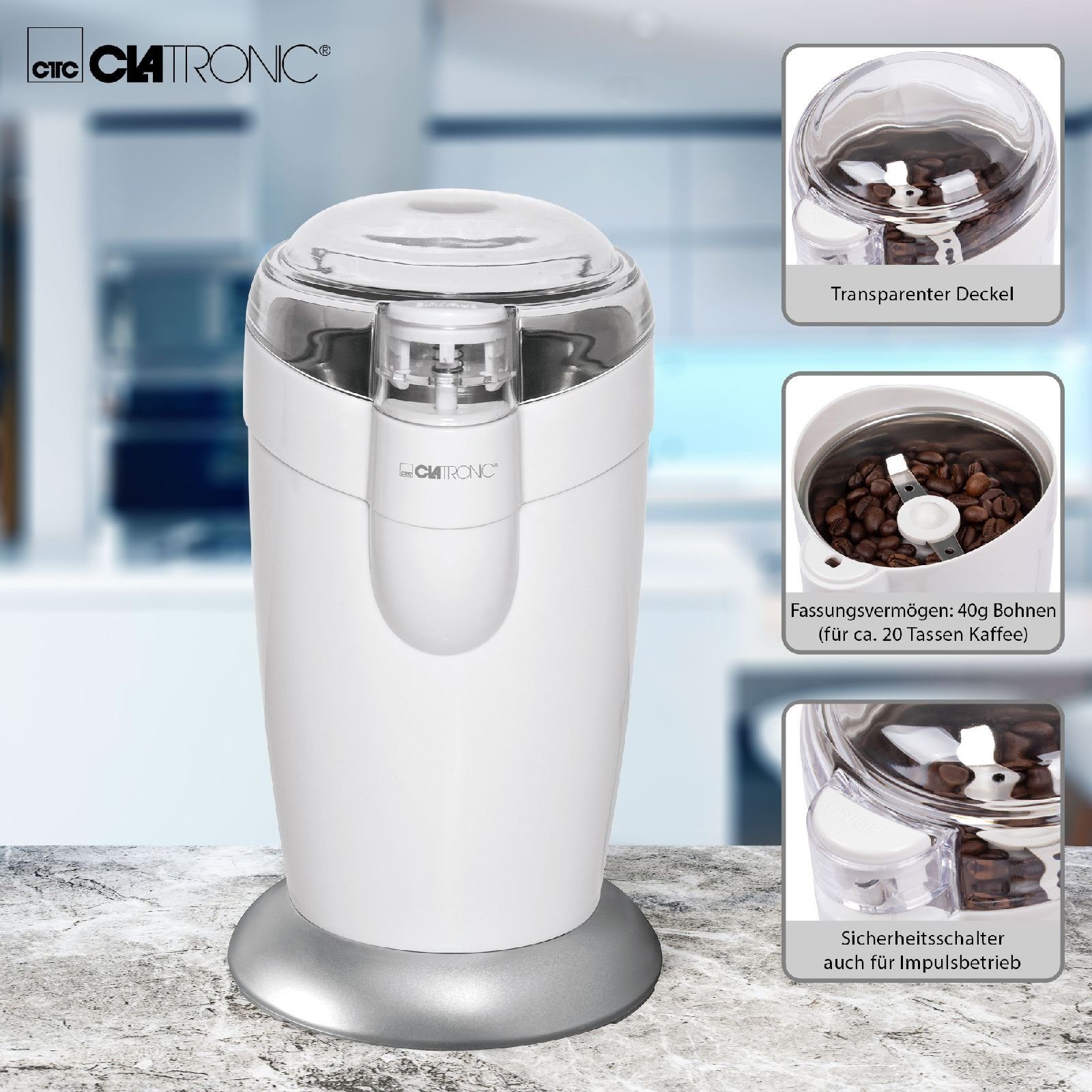 CLATRONIC Kaffeemühle CLATRONIC Edelstahl Kaffeemühle mit Schlagwerk 120 Watt KSW 3306 weiss